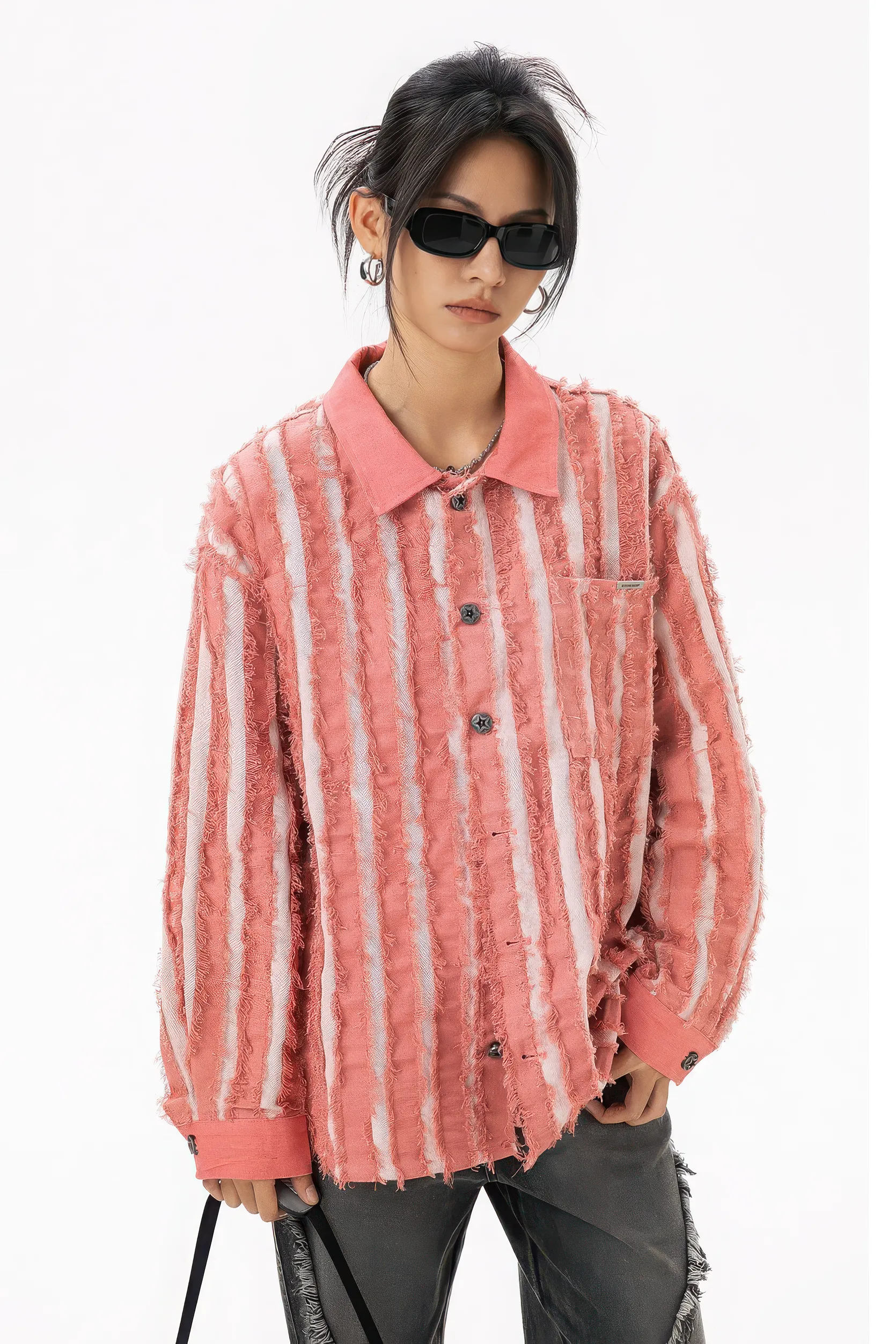 Pink Fringe Vintage Denim Work Jacket with Stripes