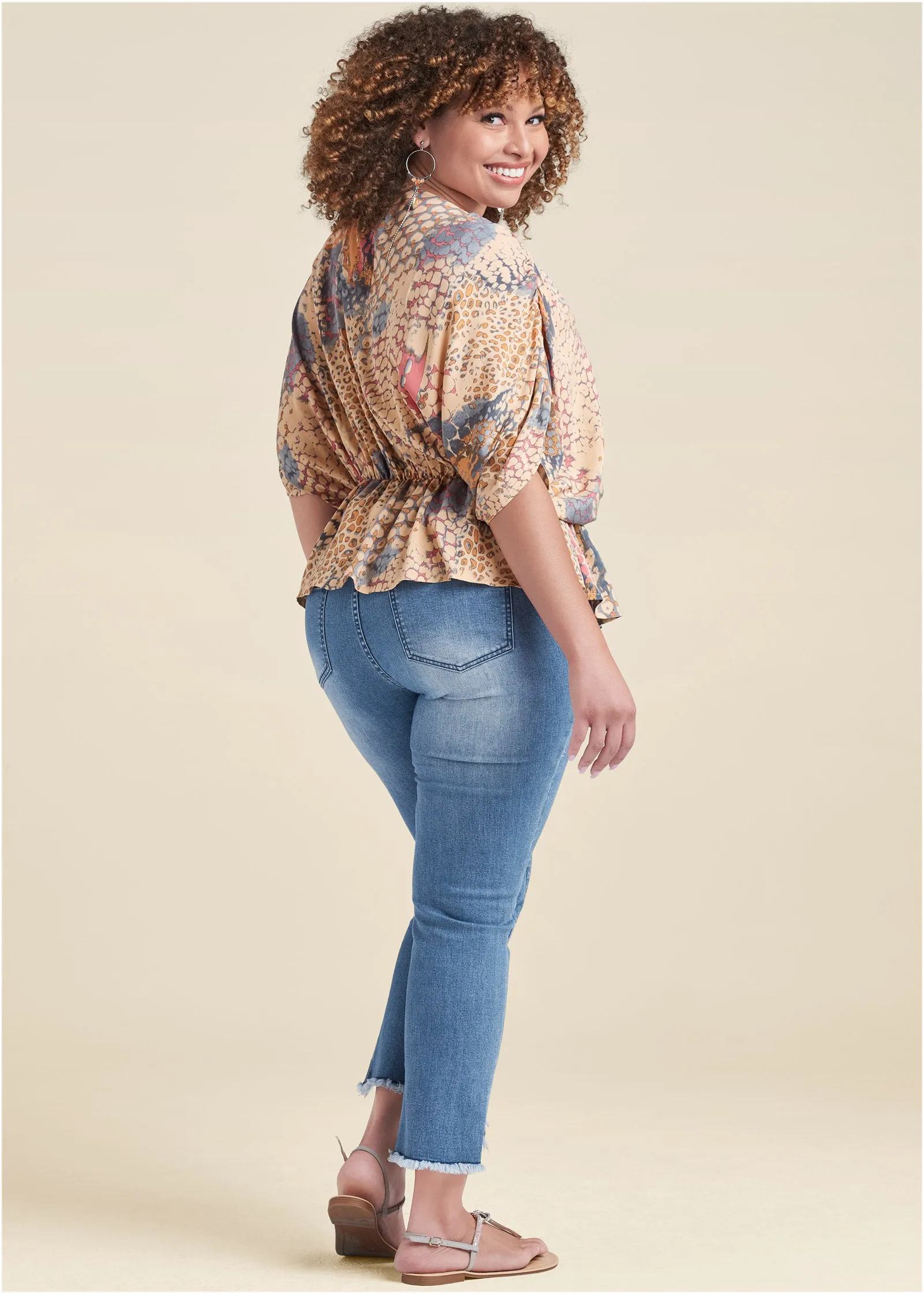 Printed Faux-Wrap Top - Orange Multi