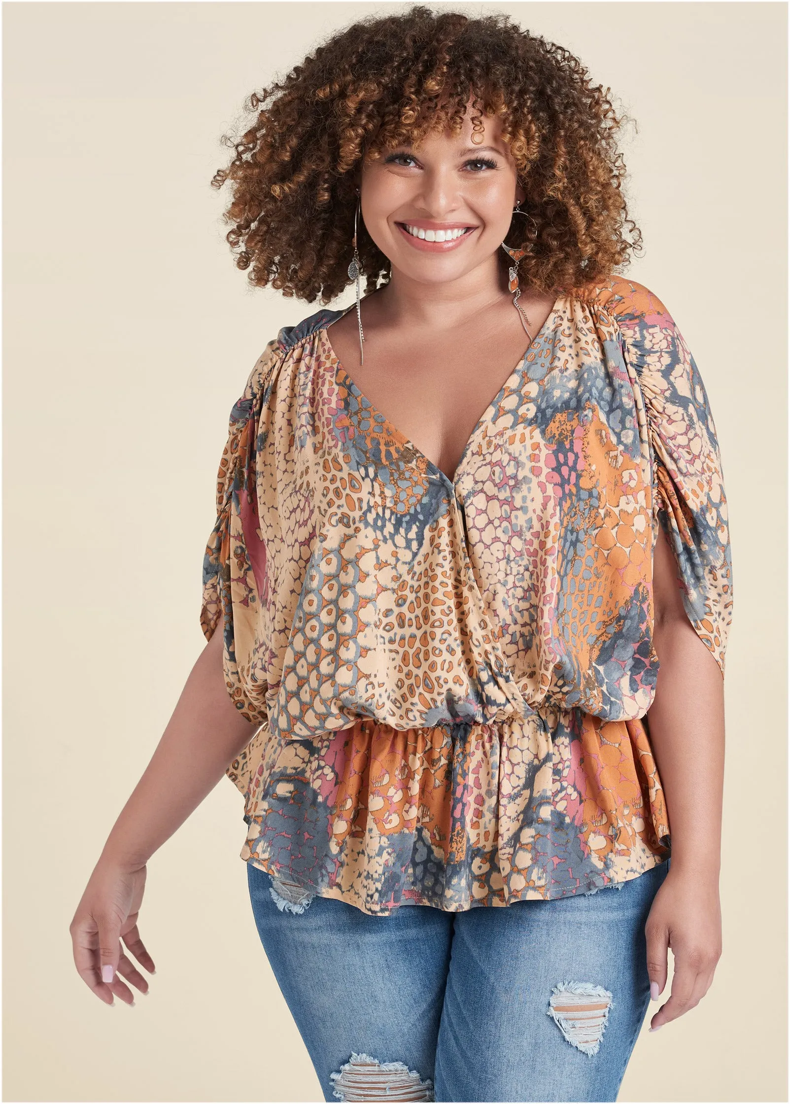Printed Faux-Wrap Top - Orange Multi