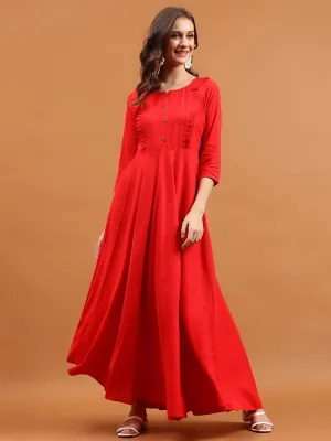 Red Solid Round neck Maxi dress