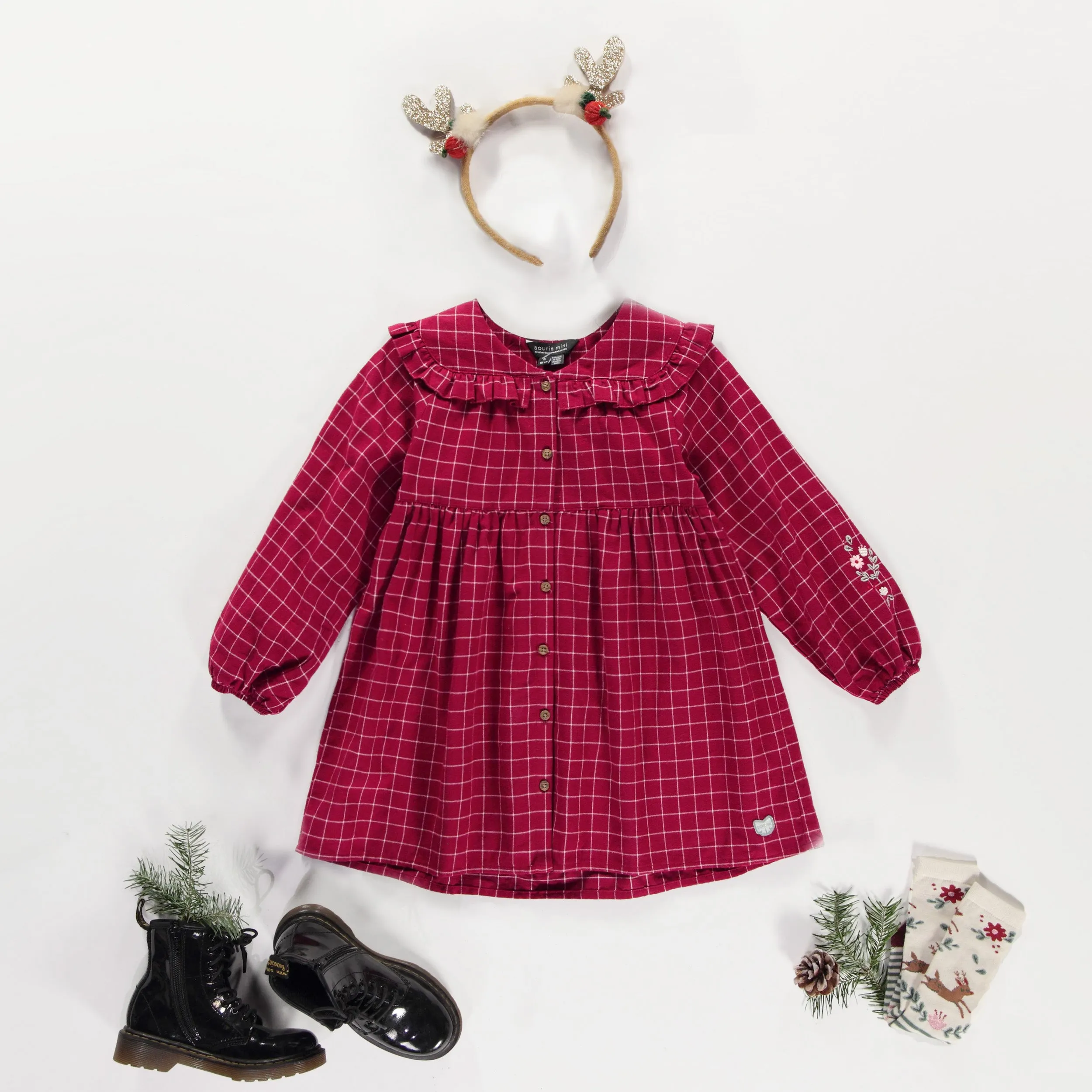 Robe rouge et blanche à carreaux en flanelle brossée, enfant  || Red and white plaid dress in brushed flannel, child