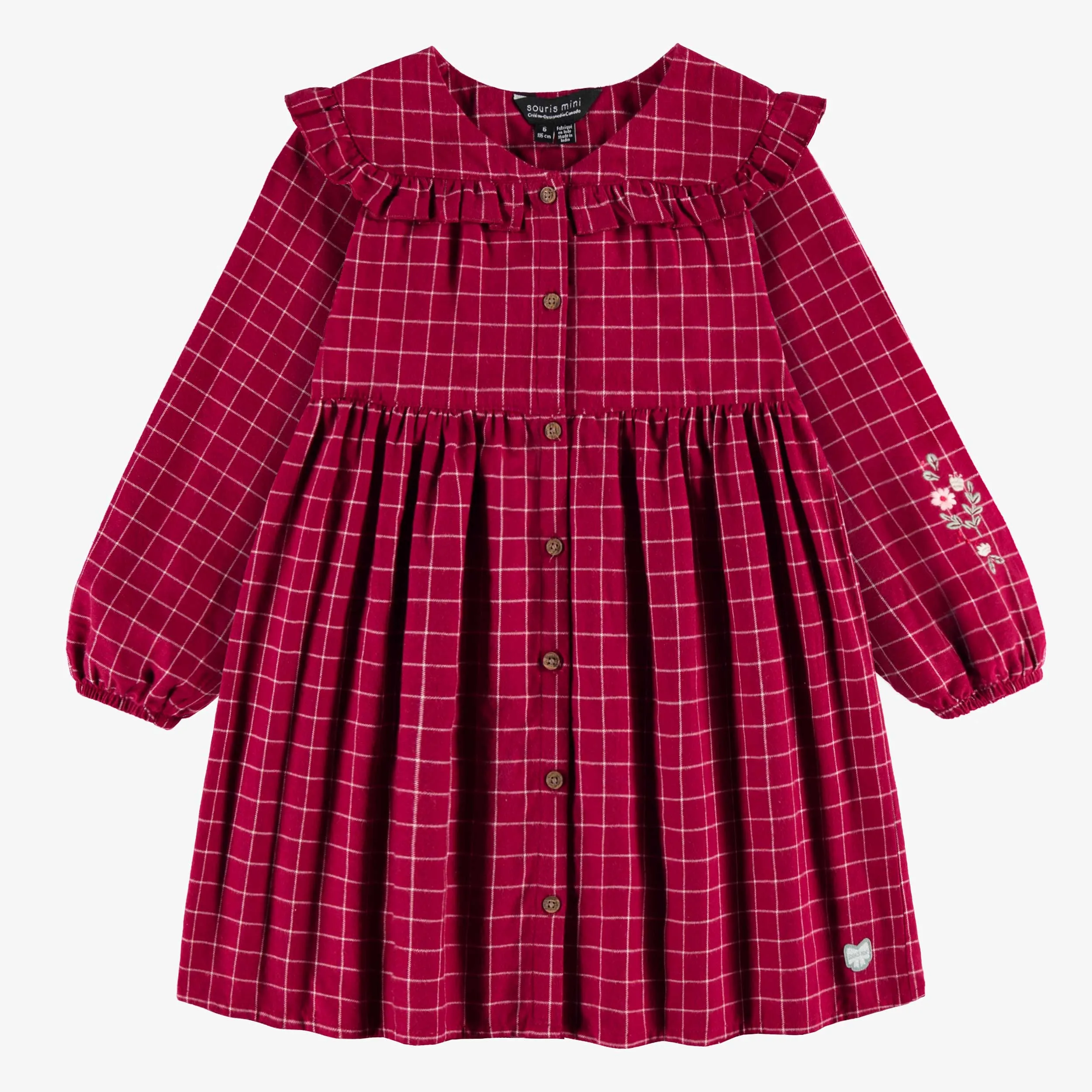 Robe rouge et blanche à carreaux en flanelle brossée, enfant  || Red and white plaid dress in brushed flannel, child