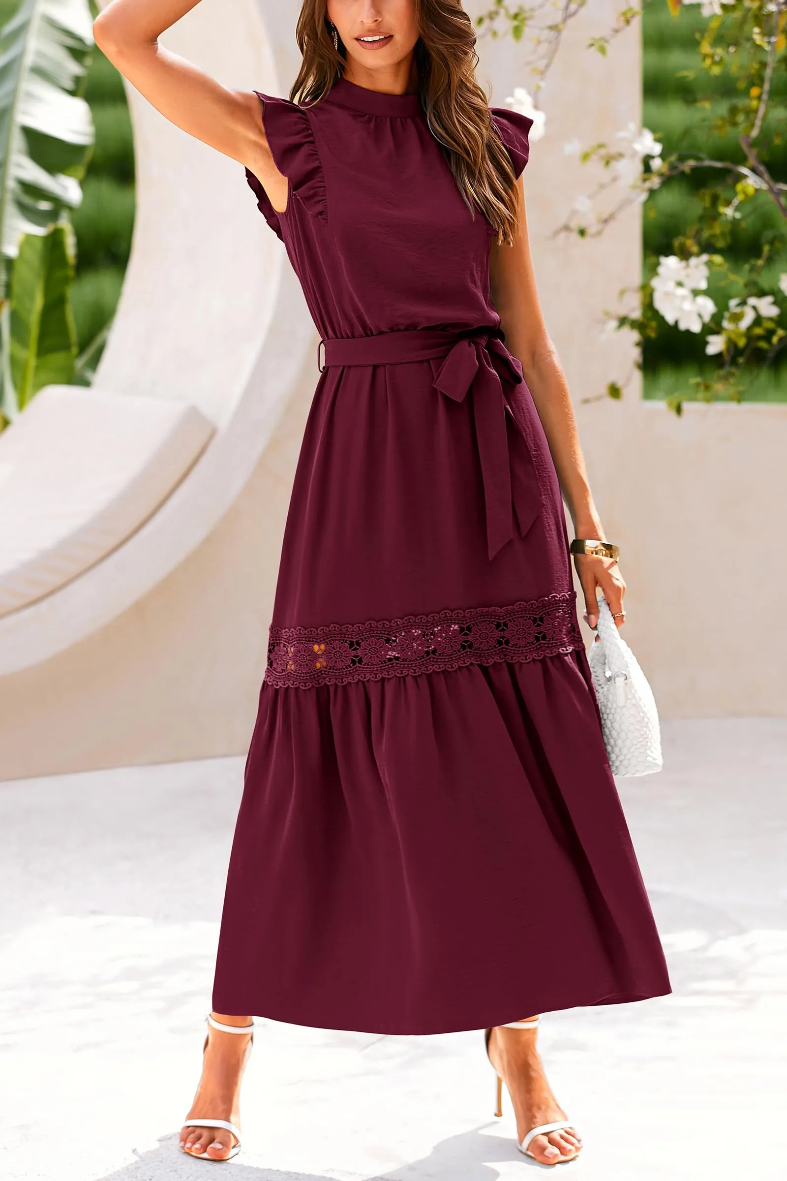 Ruffle Cap Sleeve A Line Long Flowy Dresses With Belt