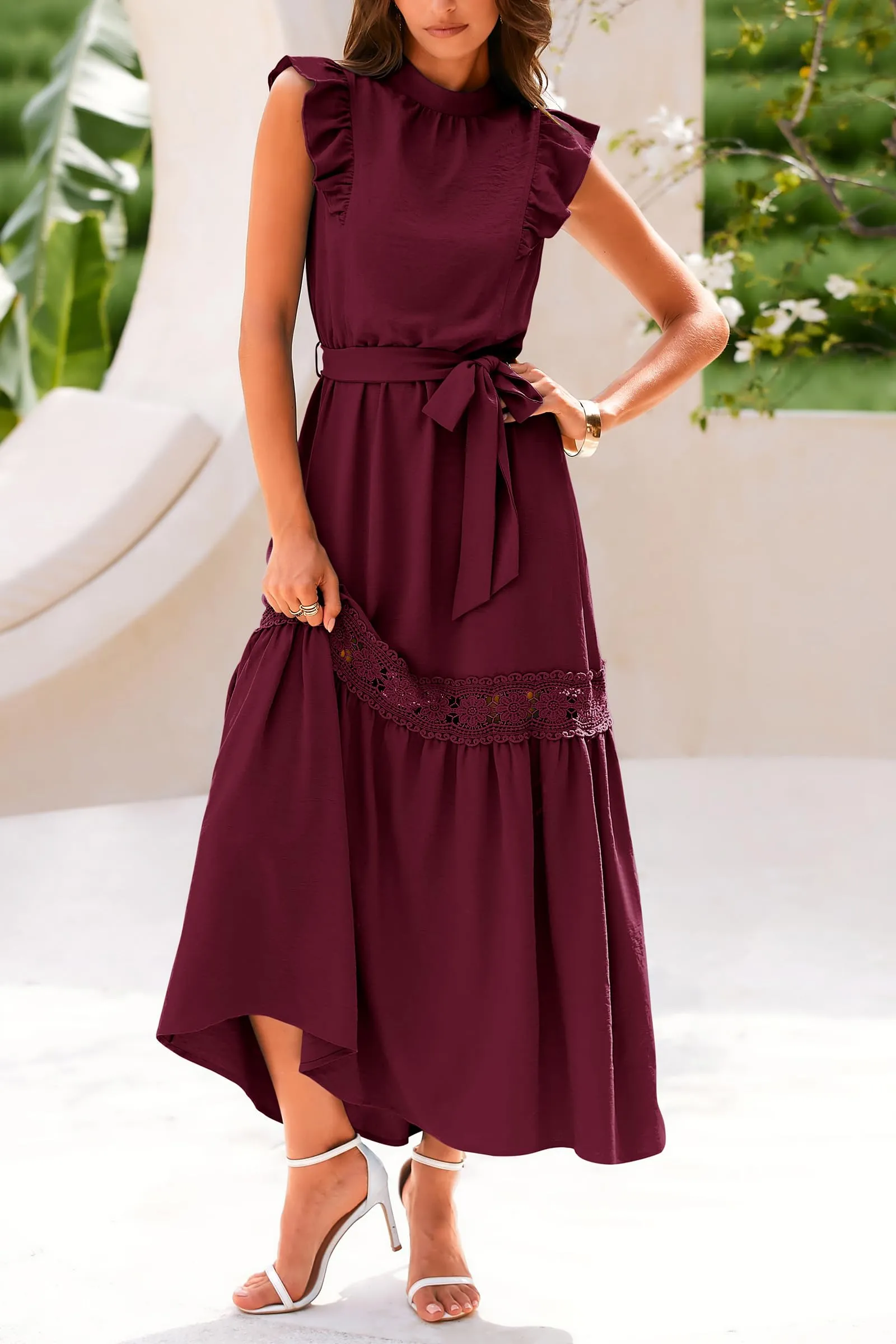 Ruffle Cap Sleeve A Line Long Flowy Dresses With Belt