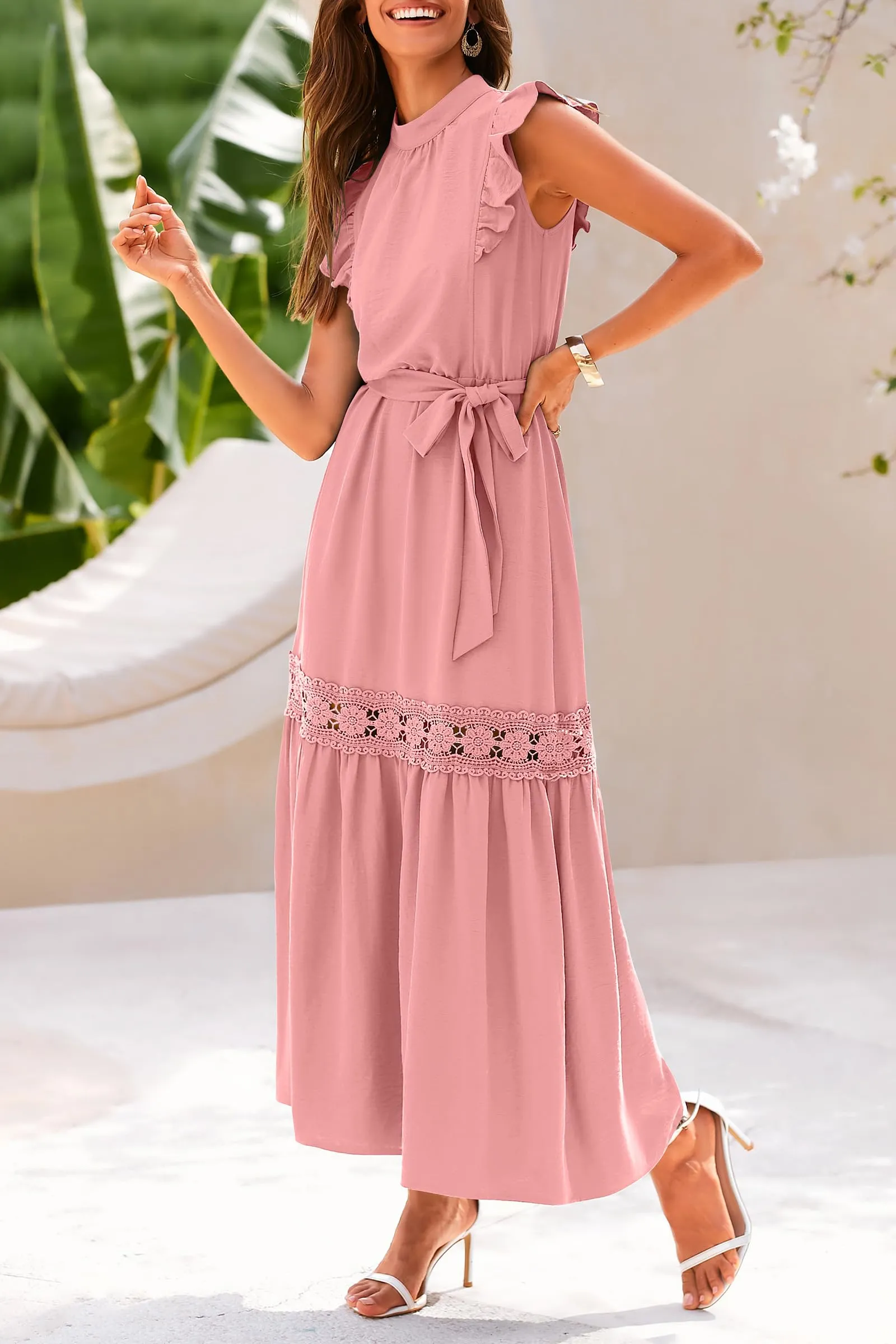 Ruffle Cap Sleeve A Line Long Flowy Dresses With Belt