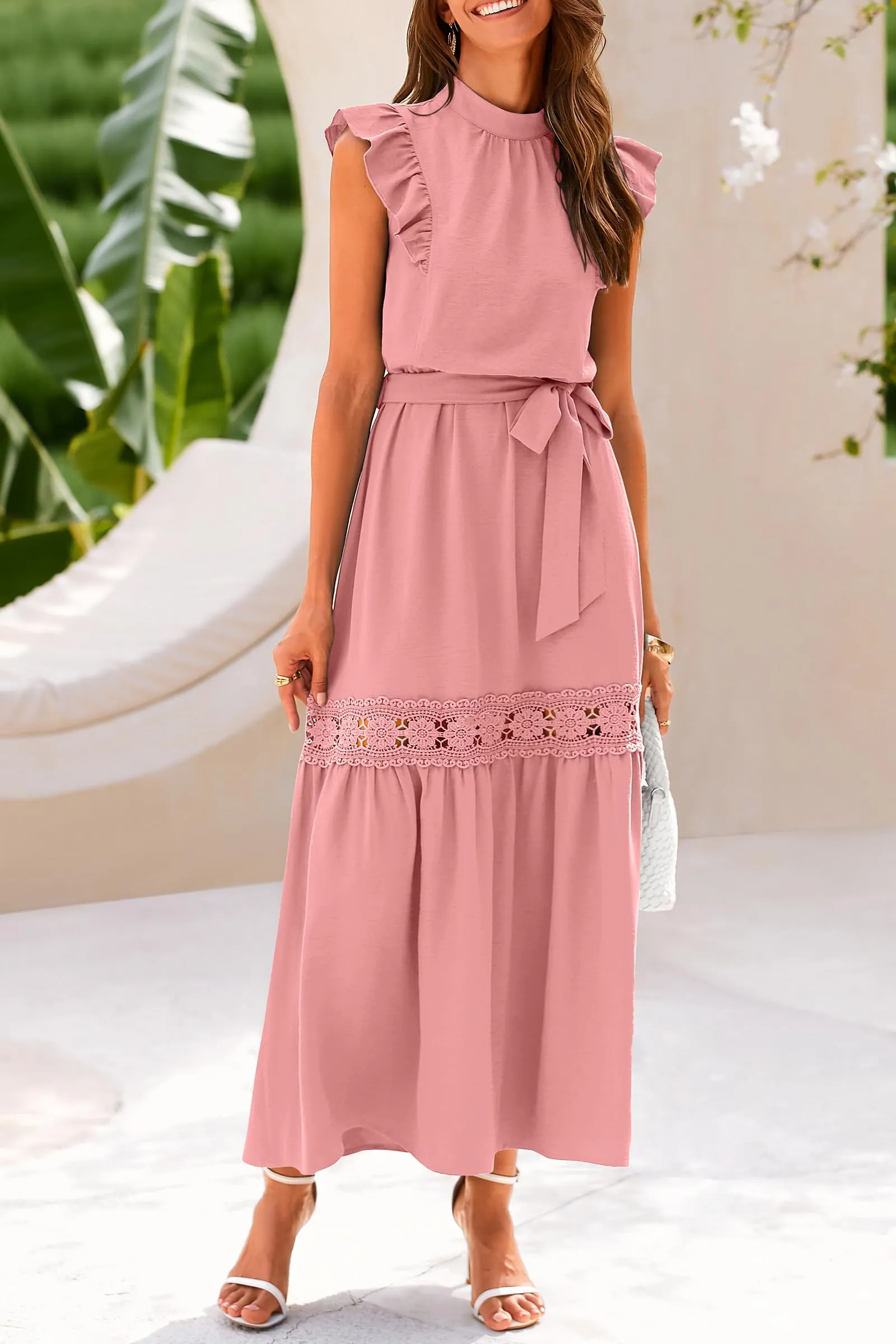 Ruffle Cap Sleeve A Line Long Flowy Dresses With Belt