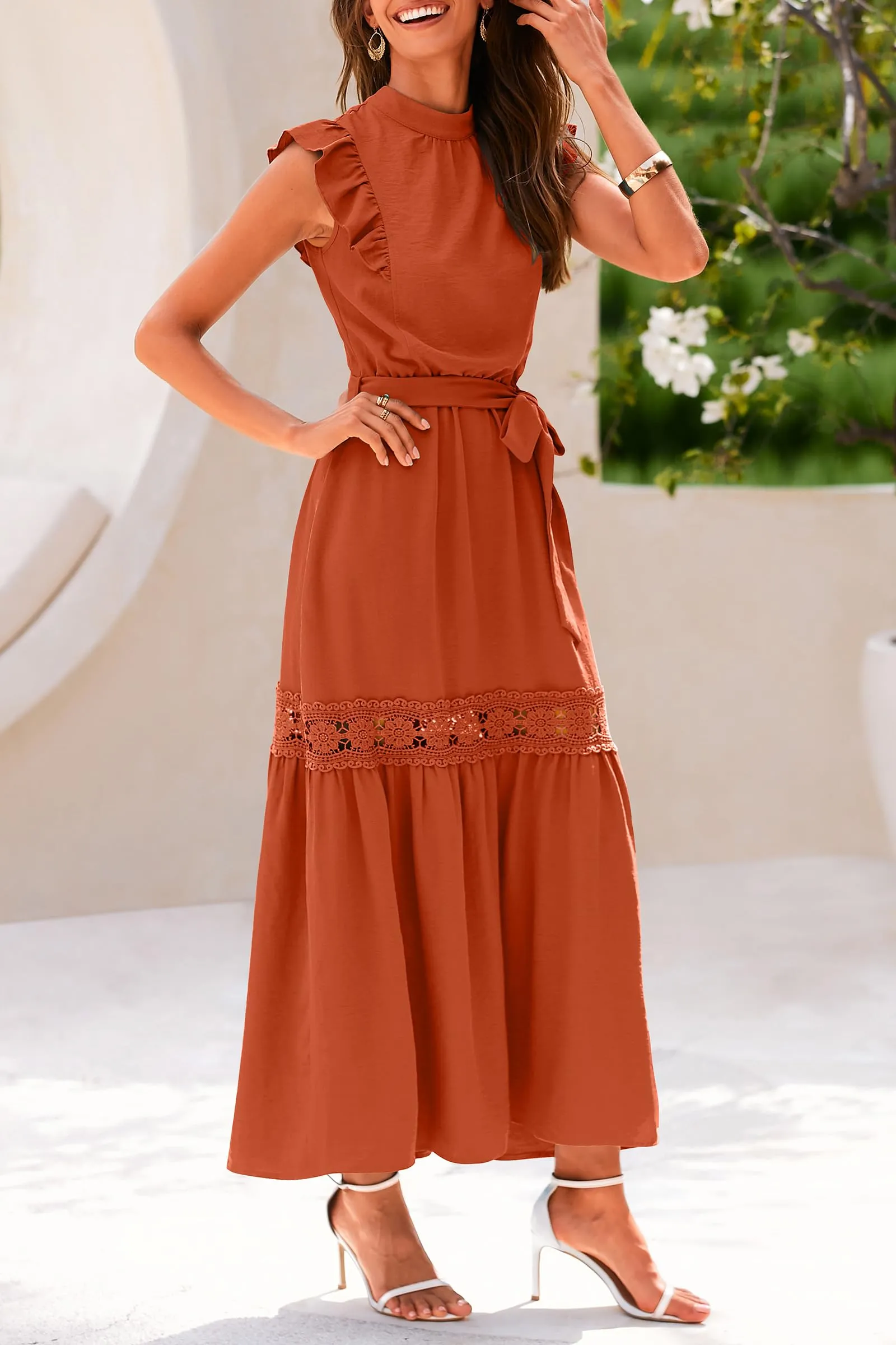 Ruffle Cap Sleeve A Line Long Flowy Dresses With Belt