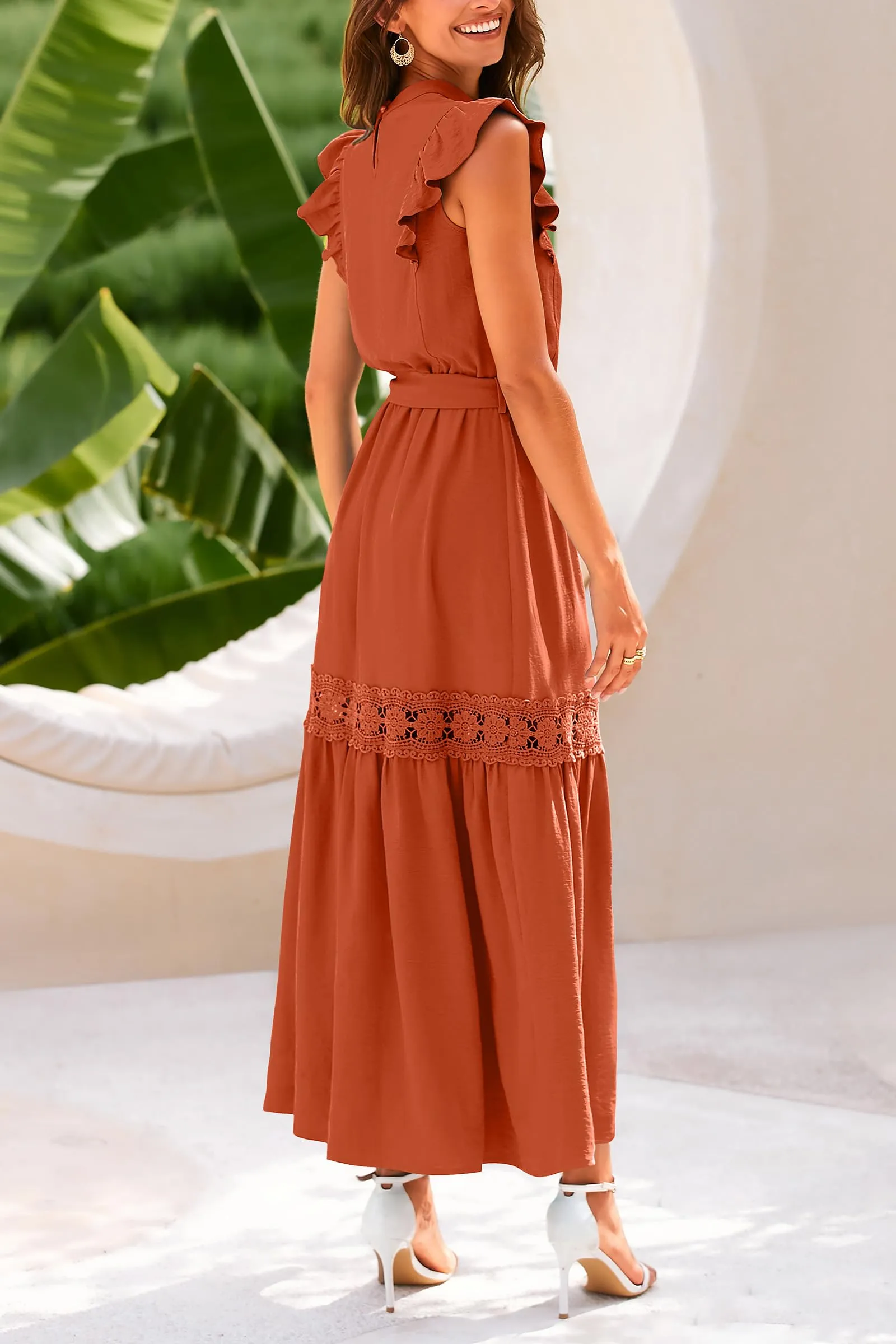 Ruffle Cap Sleeve A Line Long Flowy Dresses With Belt