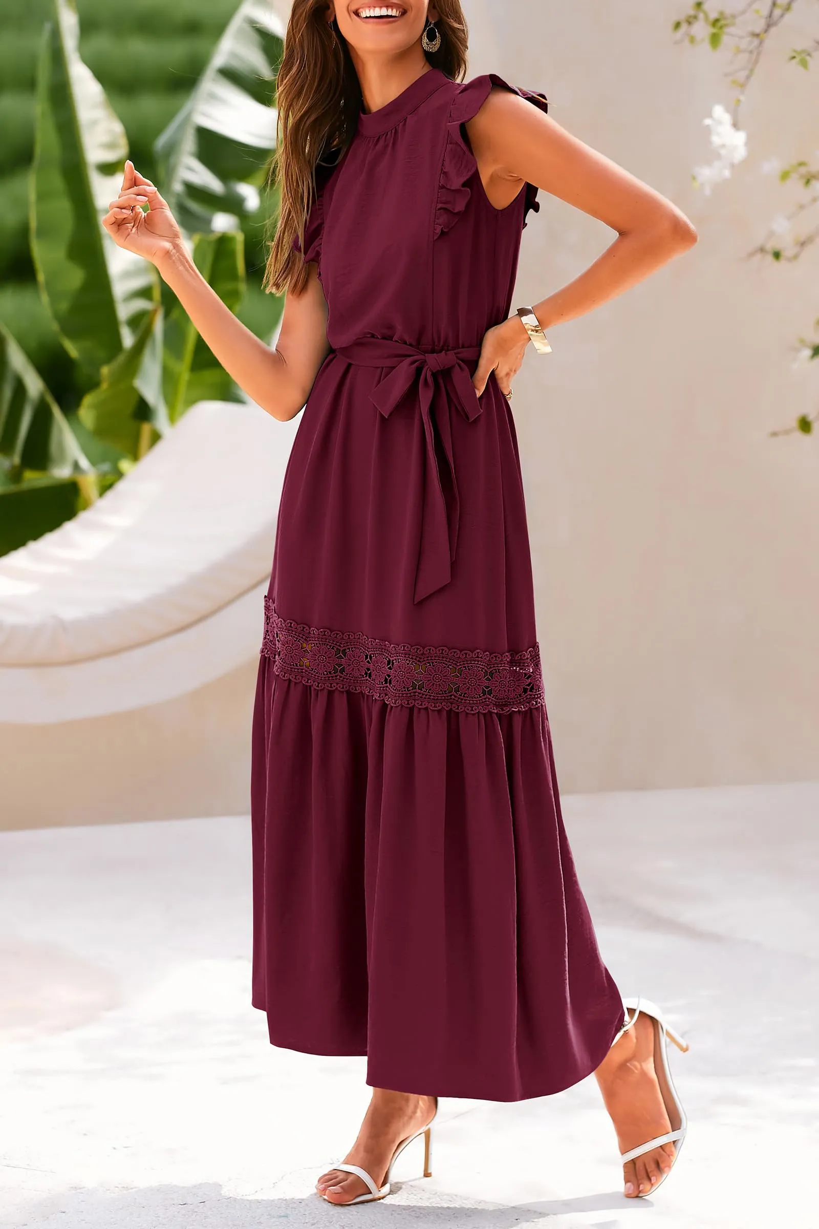 Ruffle Cap Sleeve A Line Long Flowy Dresses With Belt