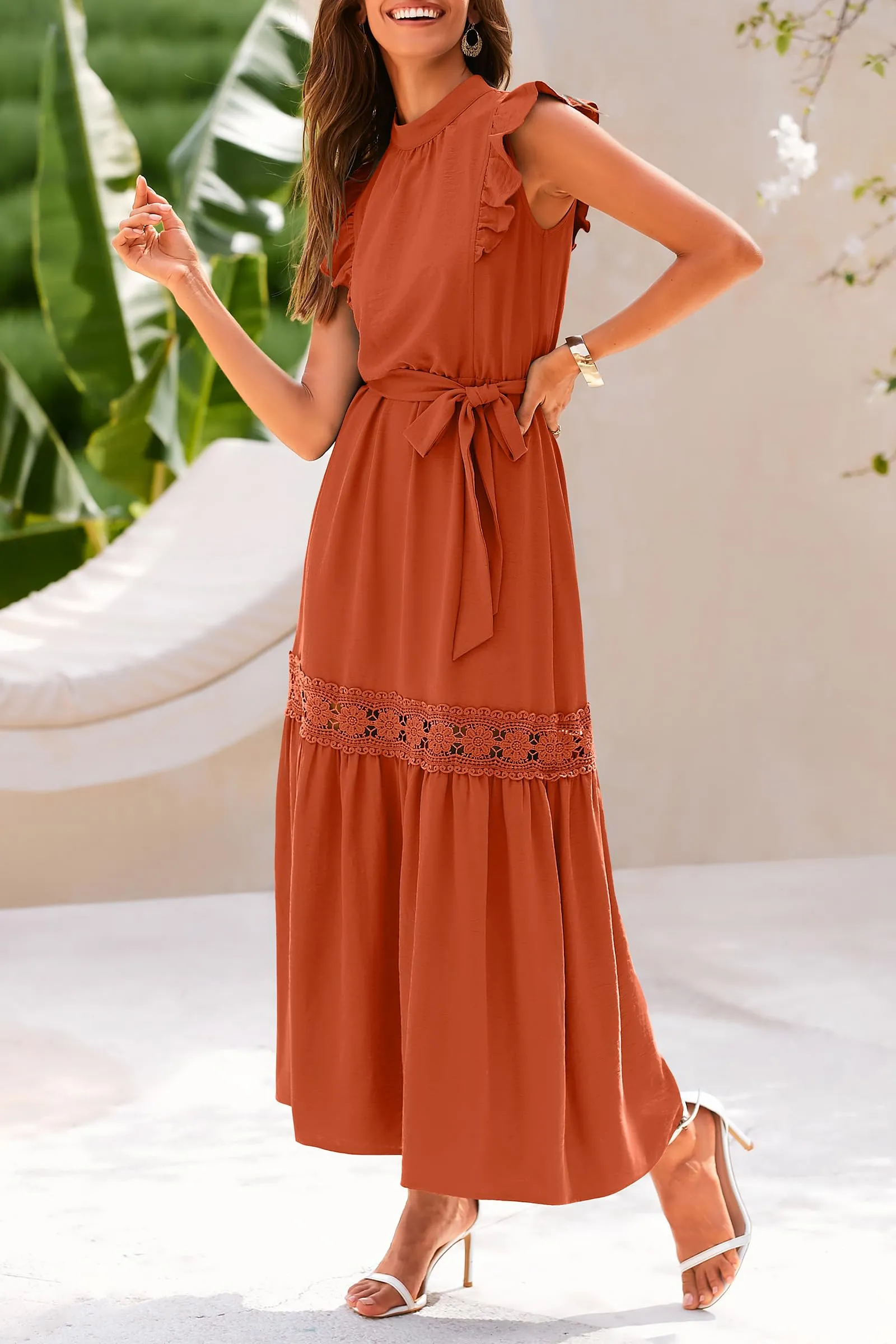 Ruffle Cap Sleeve A Line Long Flowy Dresses With Belt