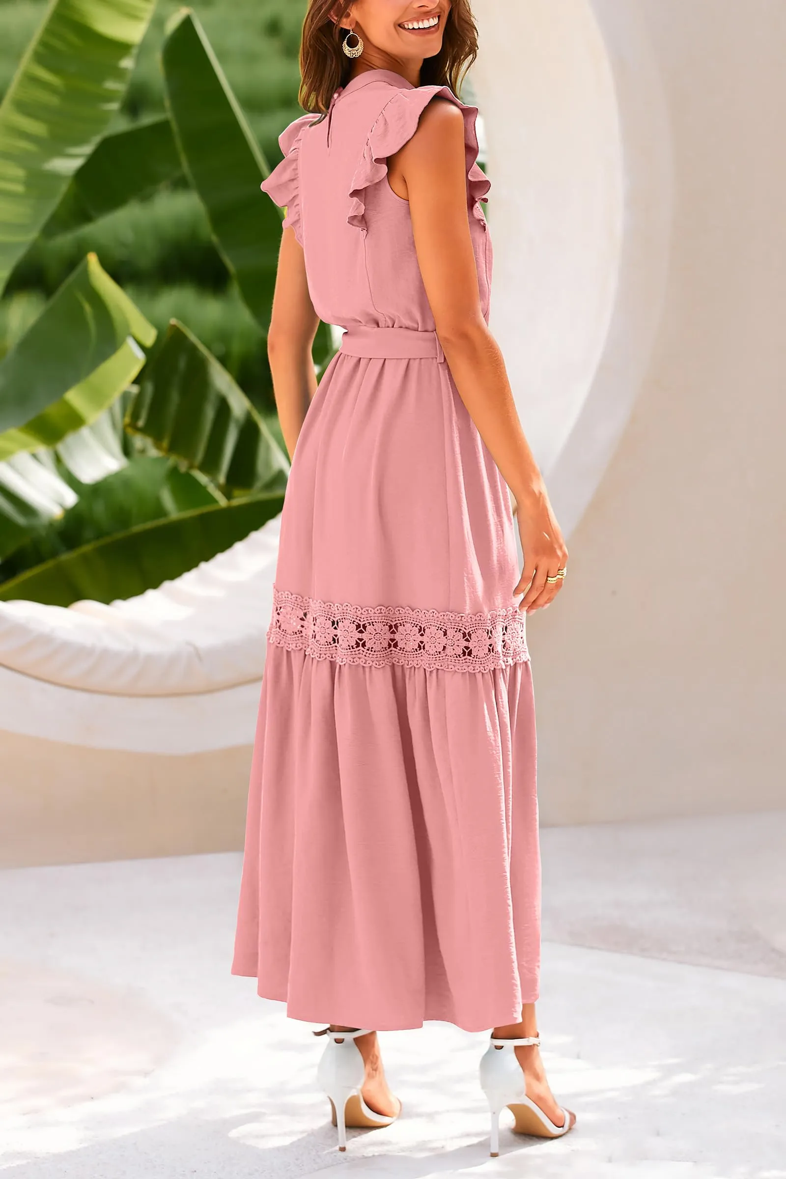 Ruffle Cap Sleeve A Line Long Flowy Dresses With Belt