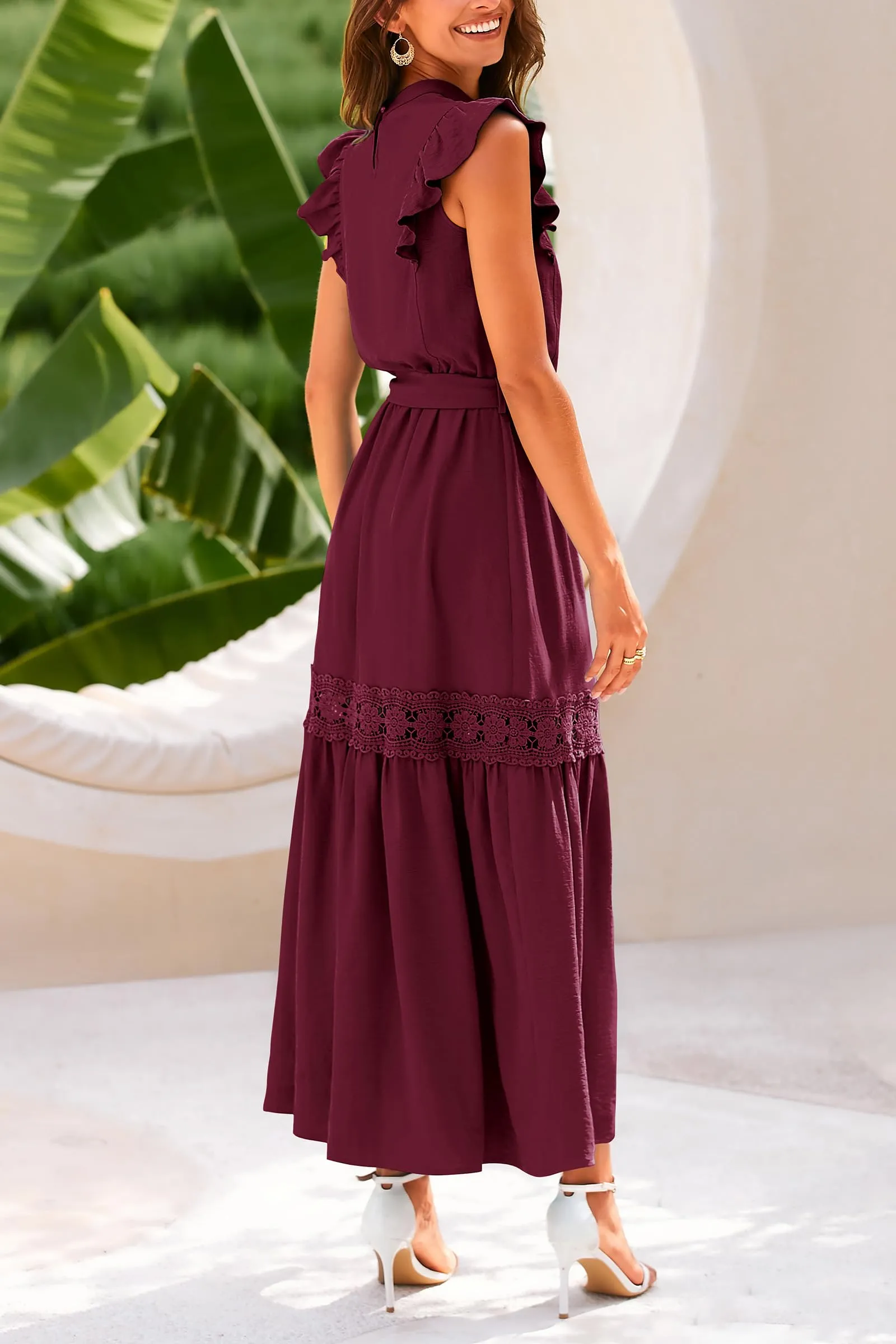 Ruffle Cap Sleeve A Line Long Flowy Dresses With Belt