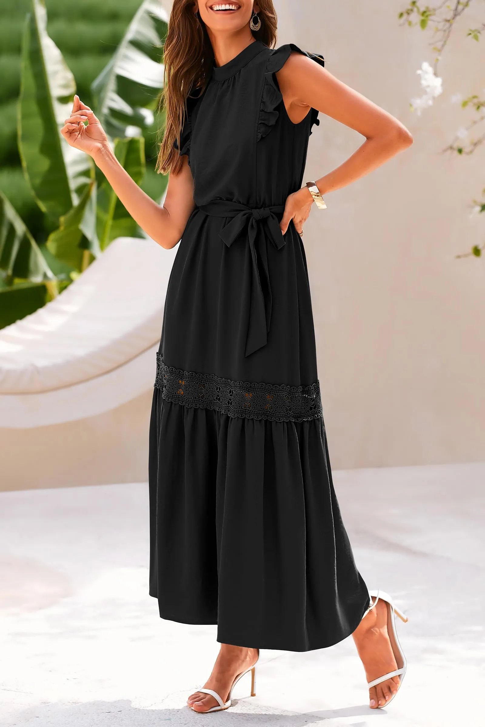 Ruffle Cap Sleeve A Line Long Flowy Dresses With Belt