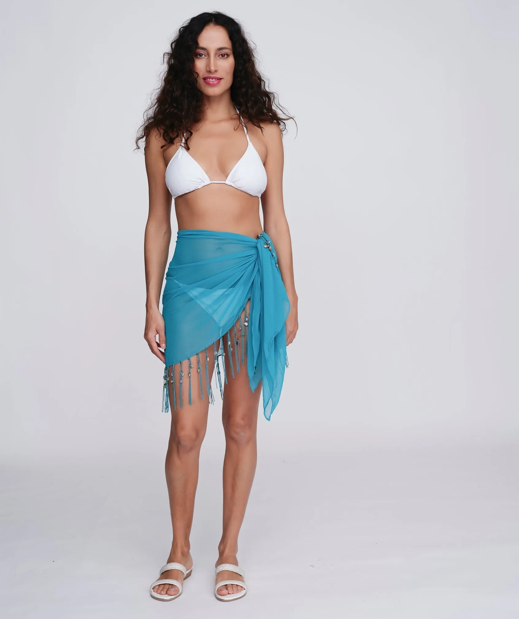 Sea Green Beaded Sarong with Long Fringes and Shell Beading