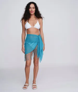 Sea Green Beaded Sarong with Long Fringes and Shell Beading