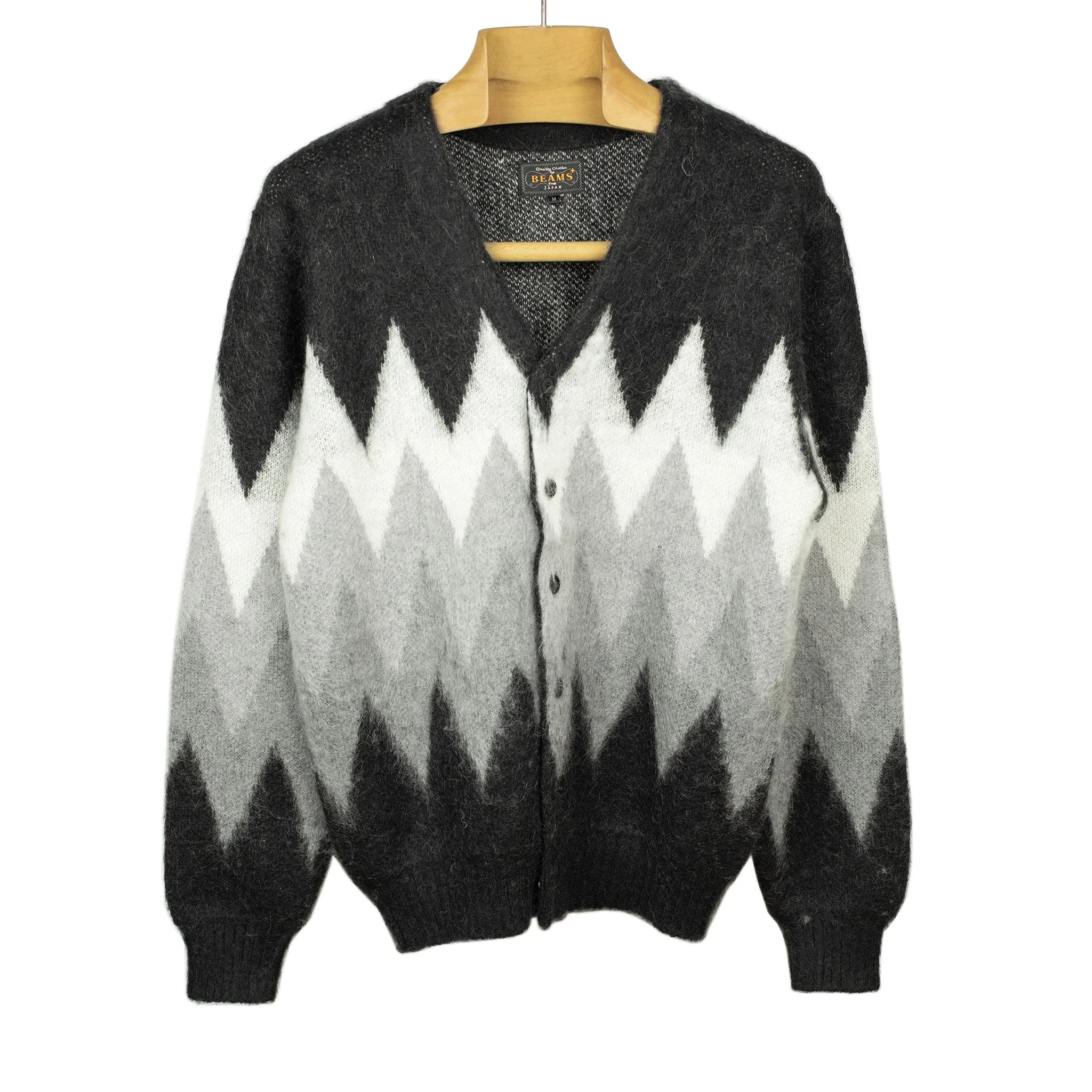 Shaggy cardigan in black and grey chevron stripe mohair blend