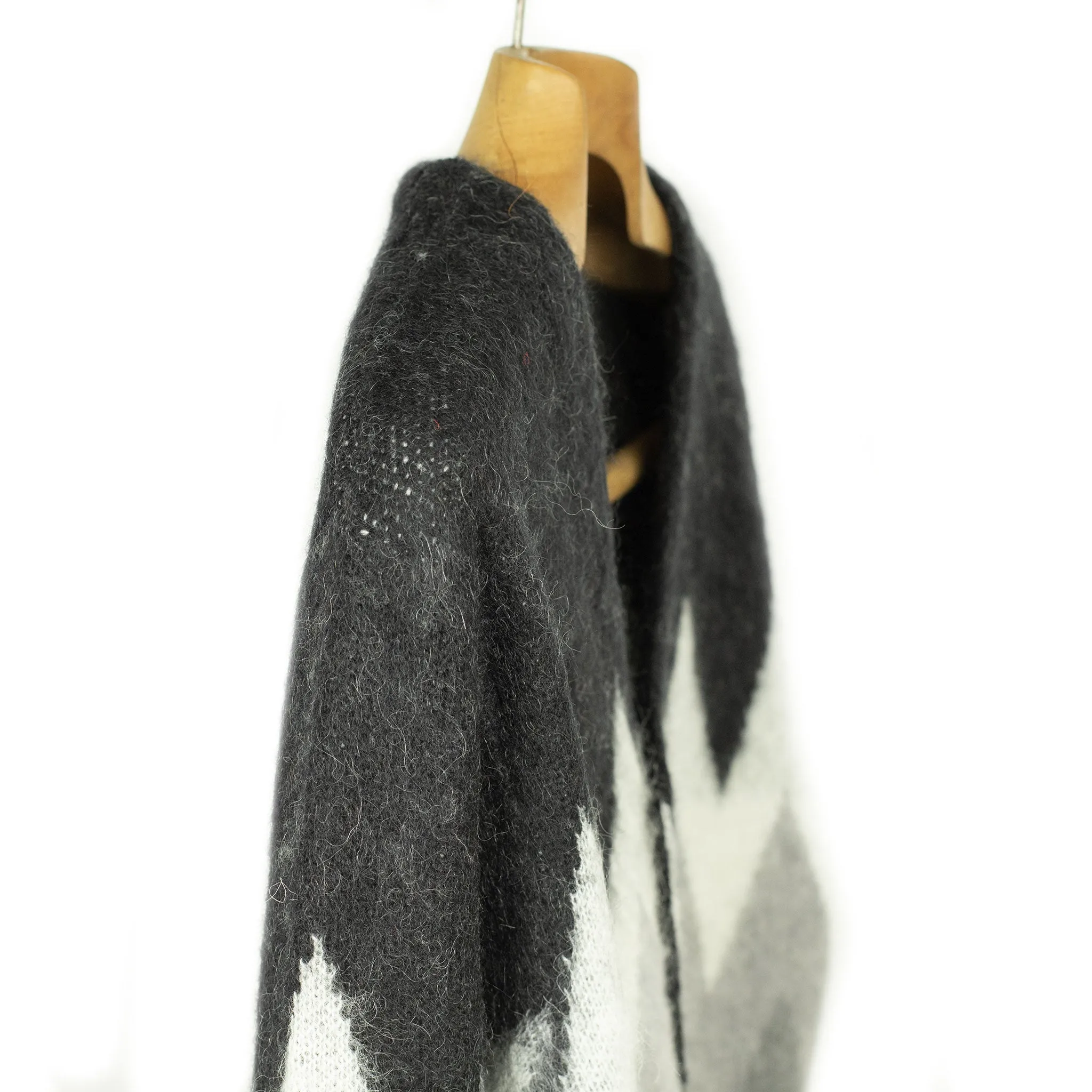 Shaggy cardigan in black and grey chevron stripe mohair blend