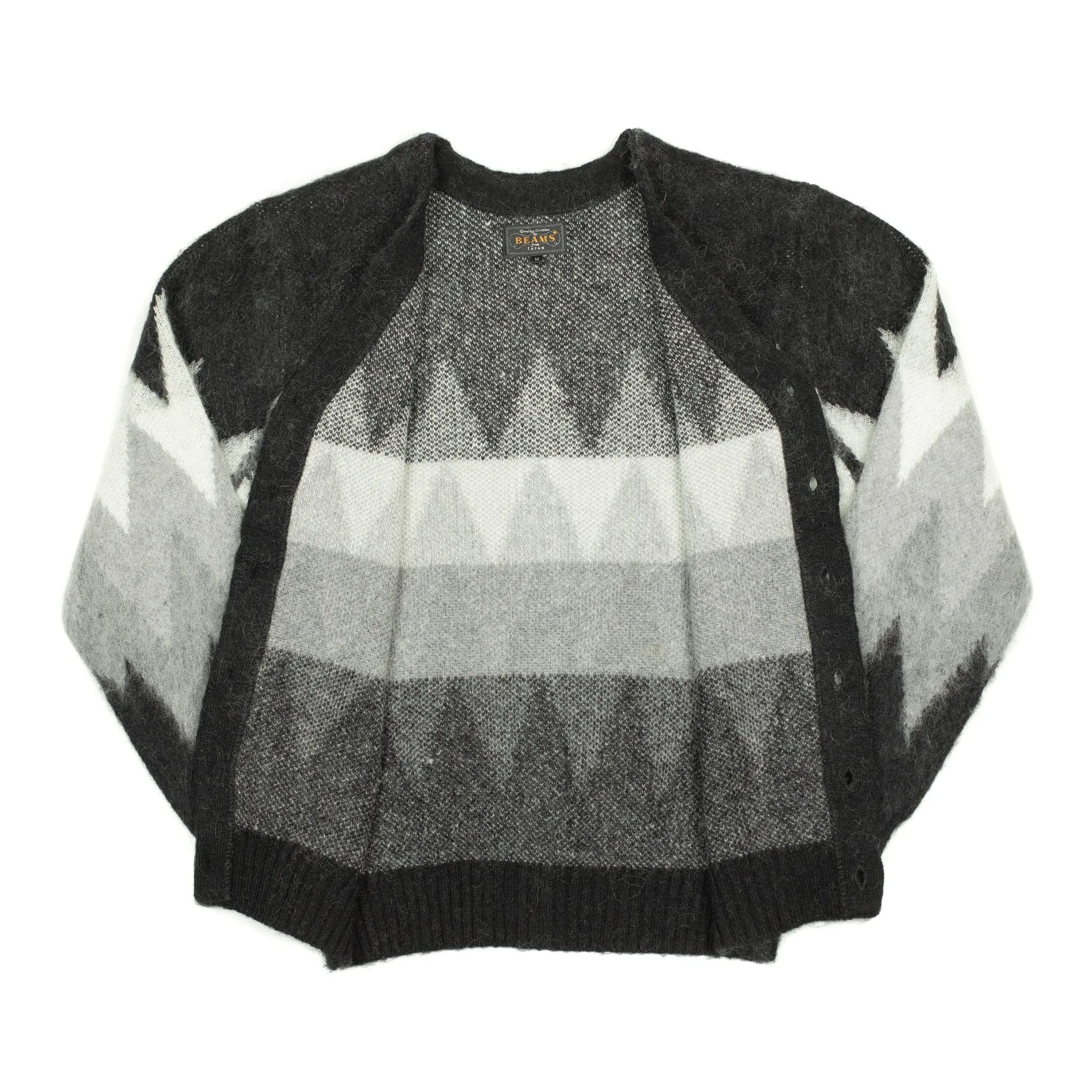 Shaggy cardigan in black and grey chevron stripe mohair blend