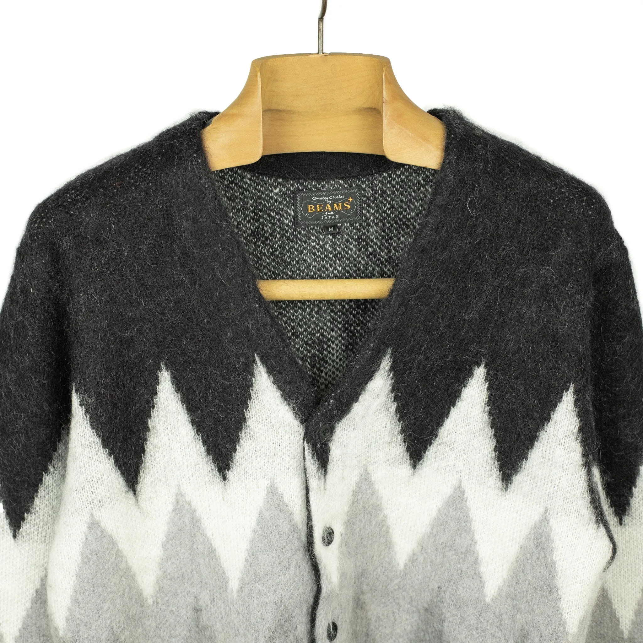 Shaggy cardigan in black and grey chevron stripe mohair blend