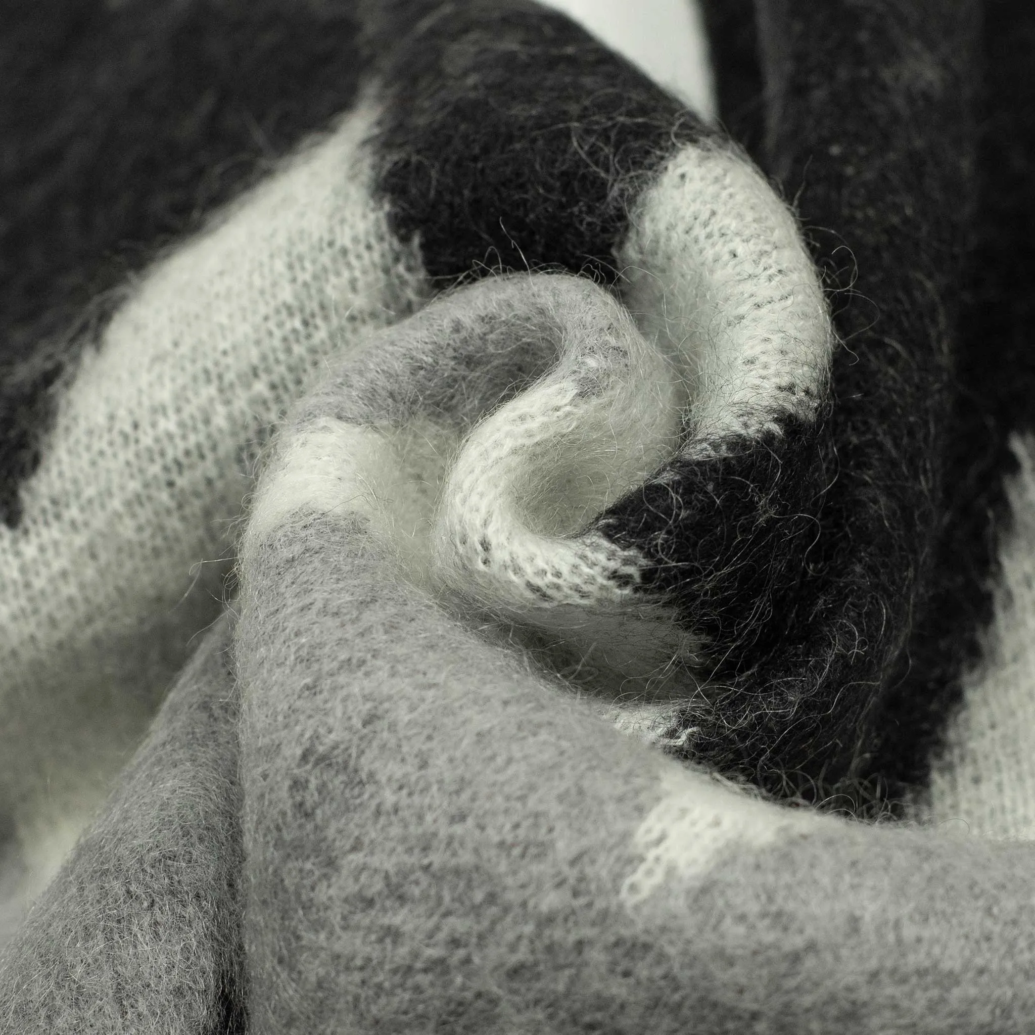 Shaggy cardigan in black and grey chevron stripe mohair blend