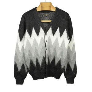 Shaggy cardigan in black and grey chevron stripe mohair blend