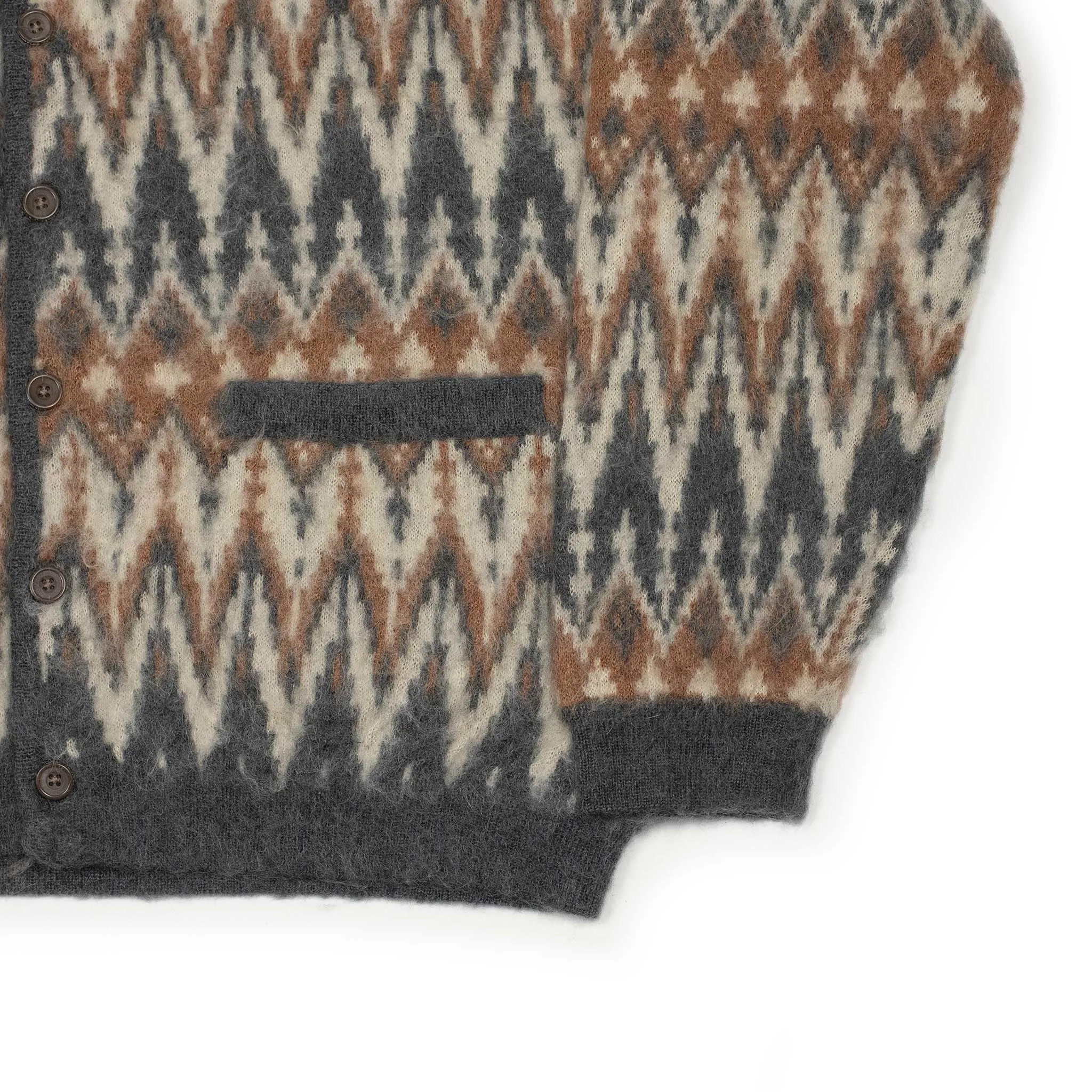 Shaggy cardigan in grey chevron jacquard mohair blend