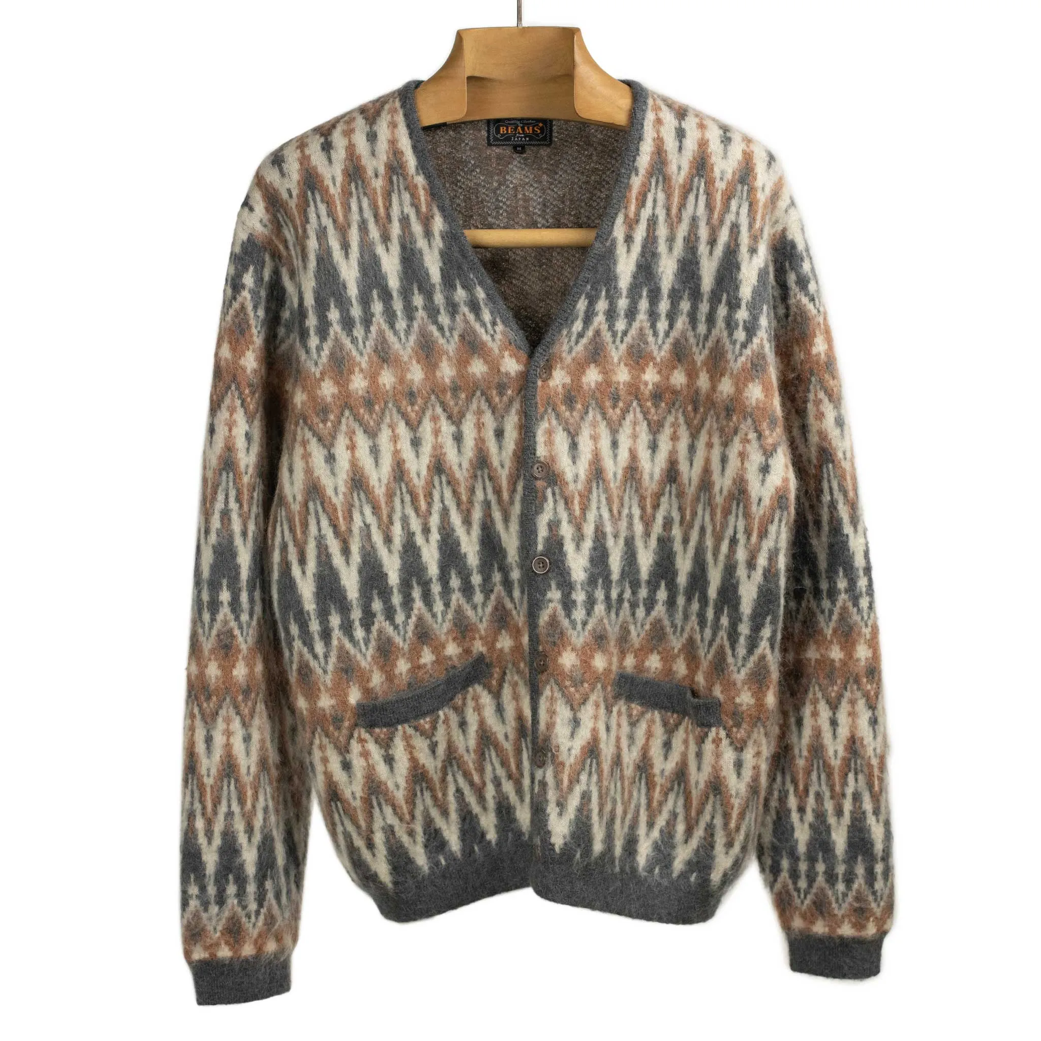 Shaggy cardigan in grey chevron jacquard mohair blend
