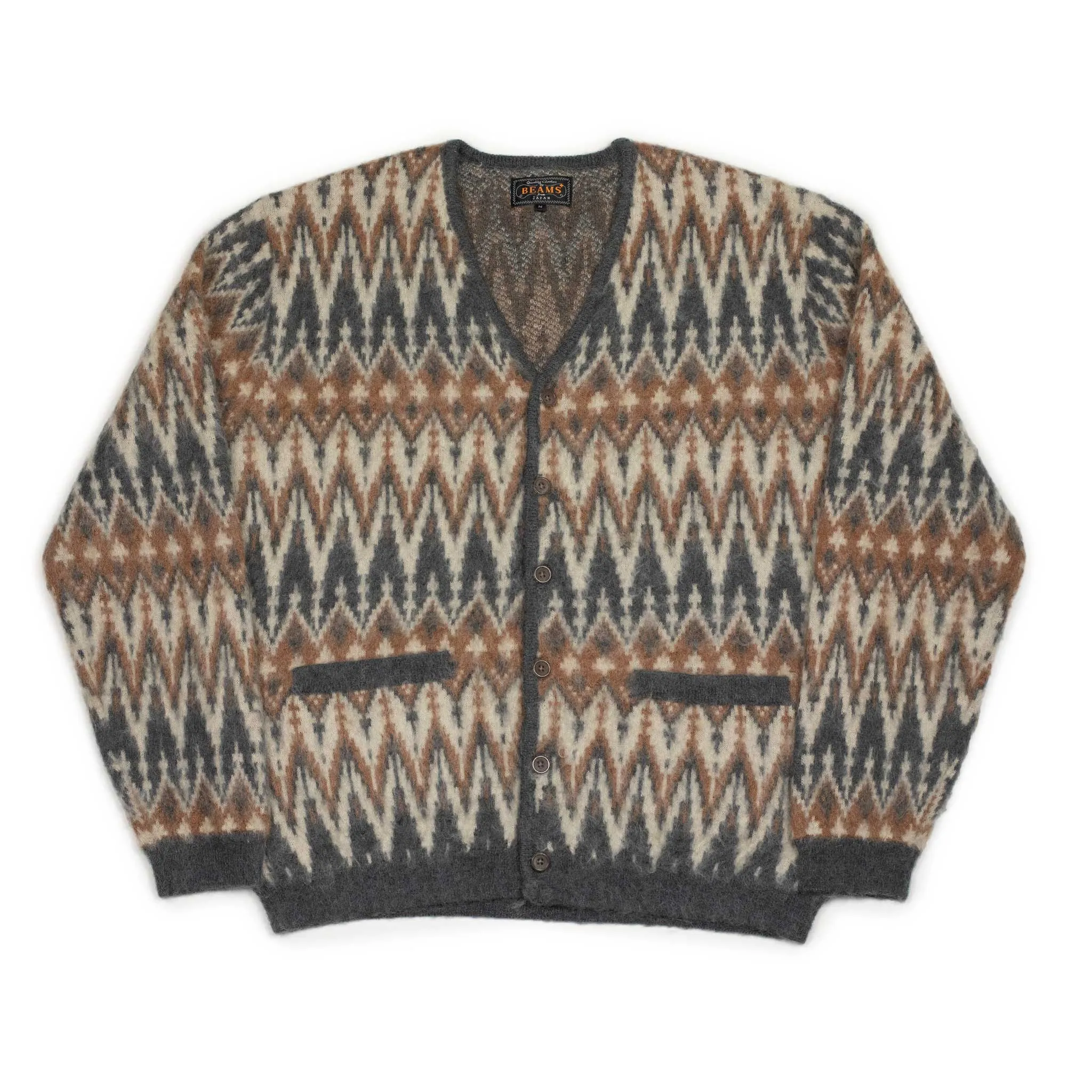 Shaggy cardigan in grey chevron jacquard mohair blend