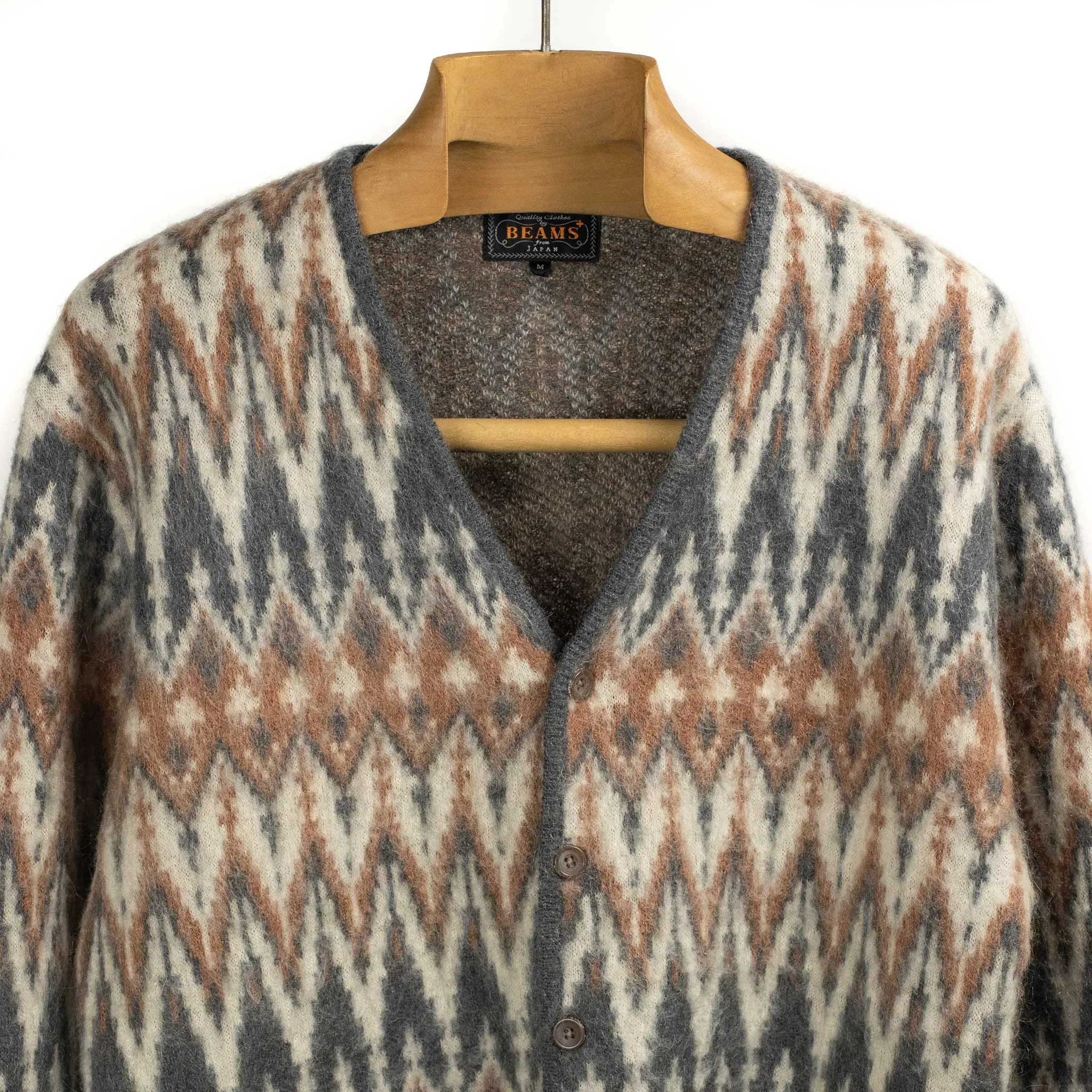 Shaggy cardigan in grey chevron jacquard mohair blend