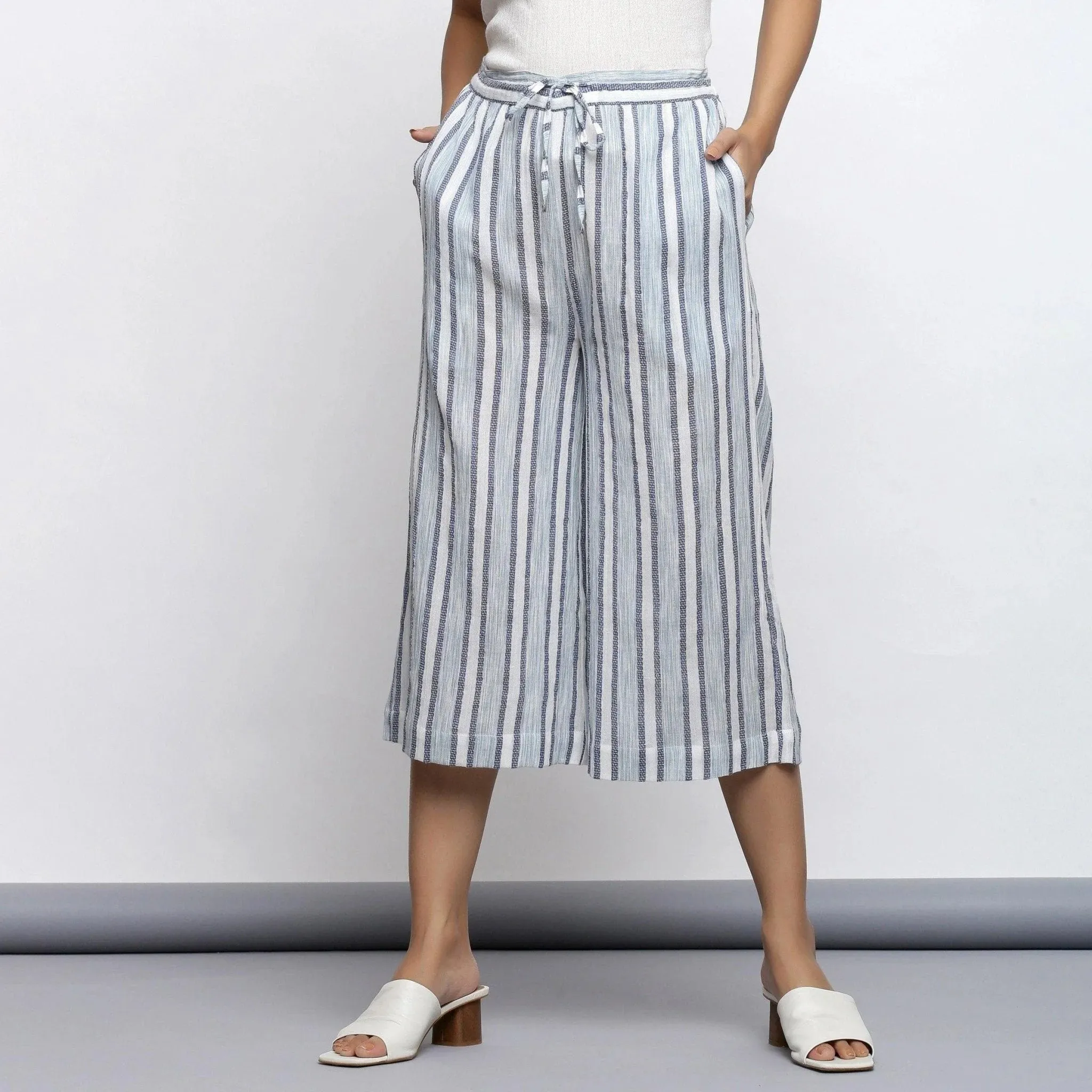 Sky Blue Striped Crinkled Cotton Elasticated Mid-Rise Culottes