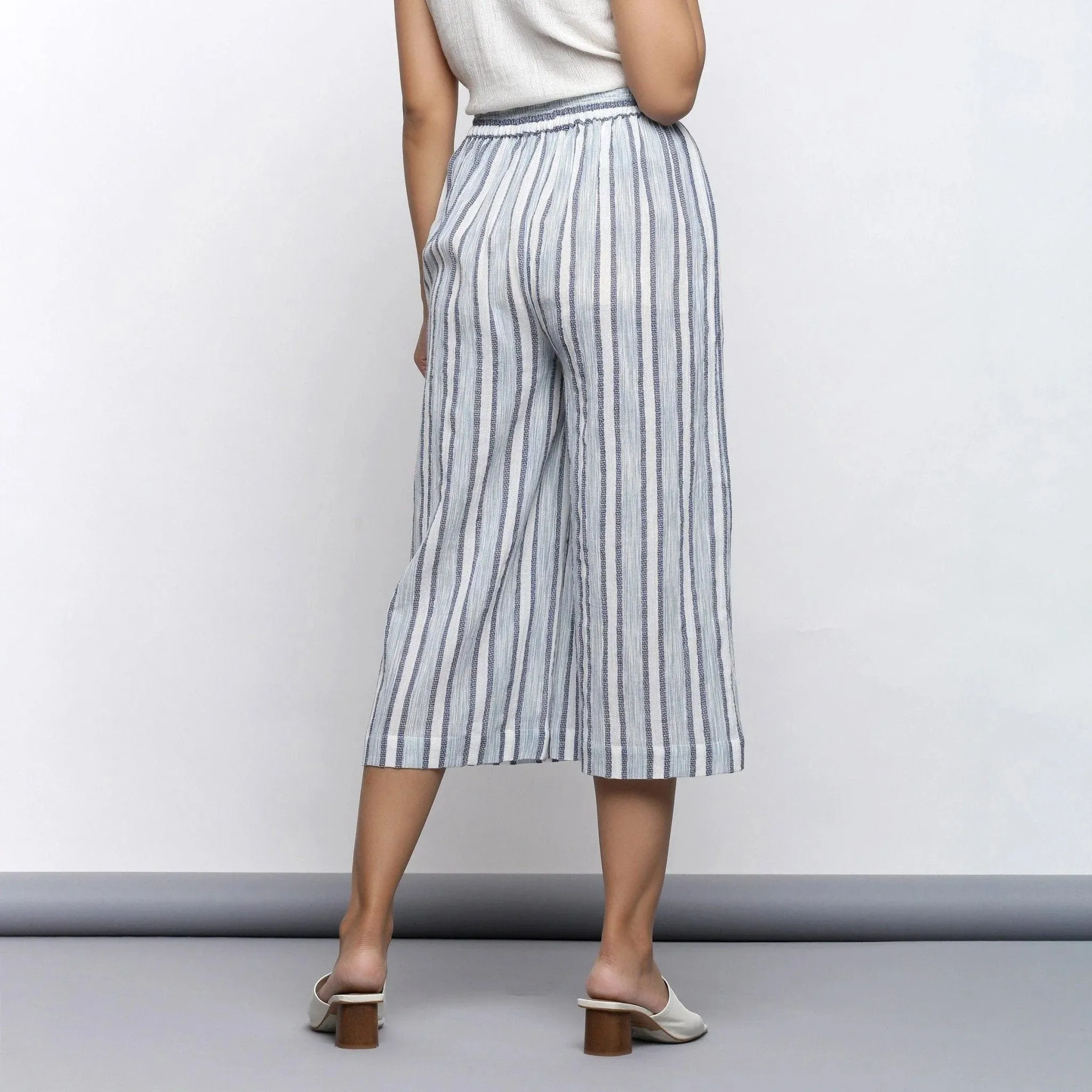 Sky Blue Striped Crinkled Cotton Elasticated Mid-Rise Culottes