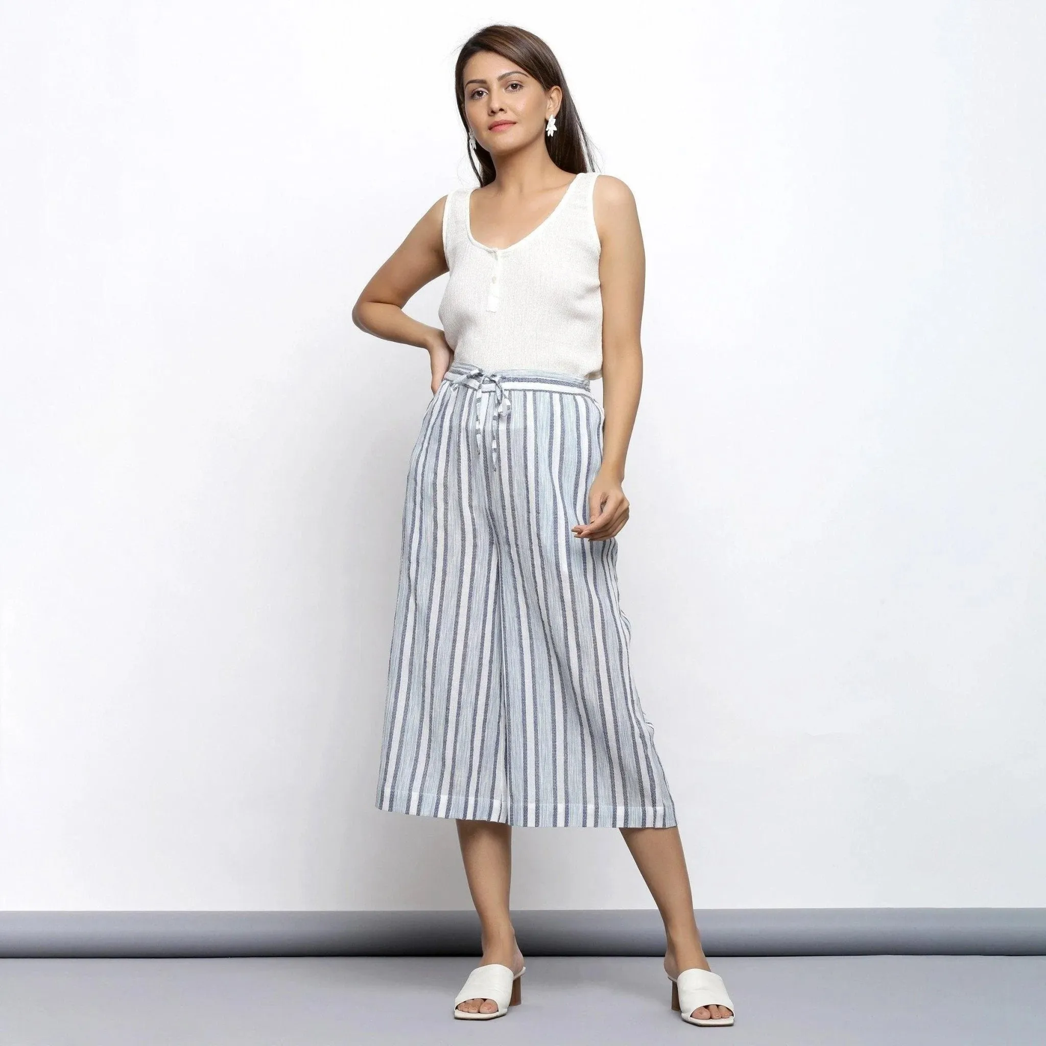 Sky Blue Striped Crinkled Cotton Elasticated Mid-Rise Culottes