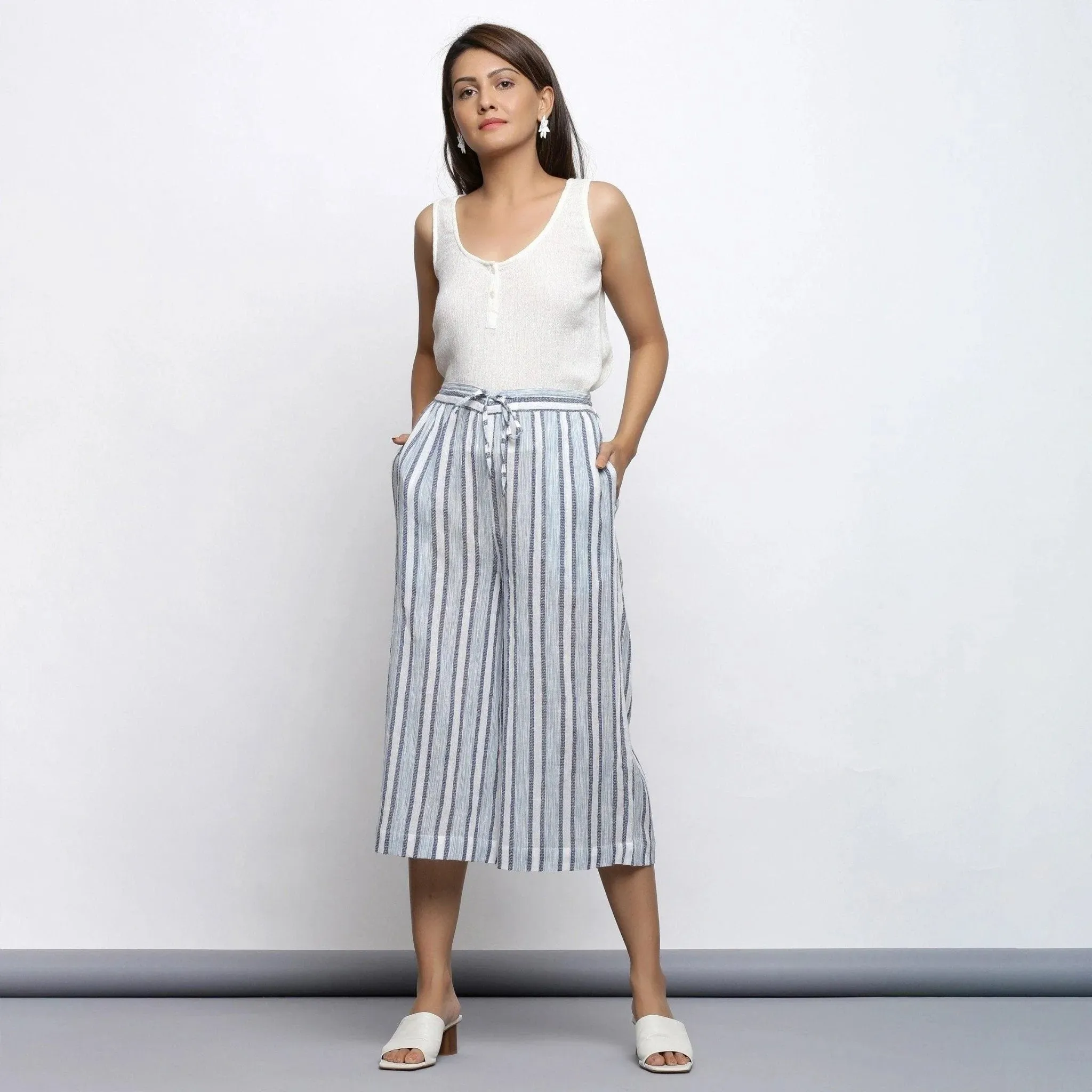 Sky Blue Striped Crinkled Cotton Elasticated Mid-Rise Culottes