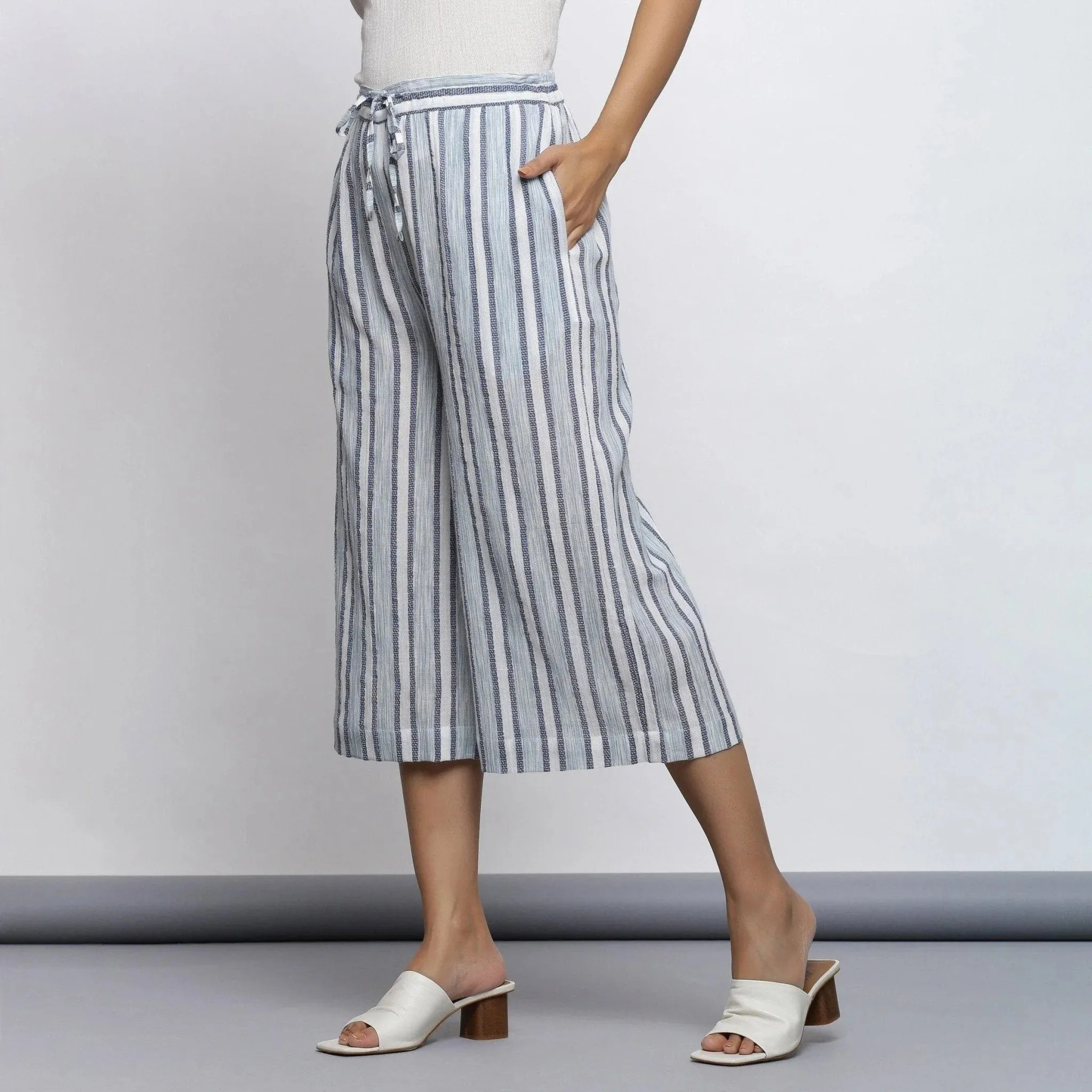 Sky Blue Striped Crinkled Cotton Elasticated Mid-Rise Culottes