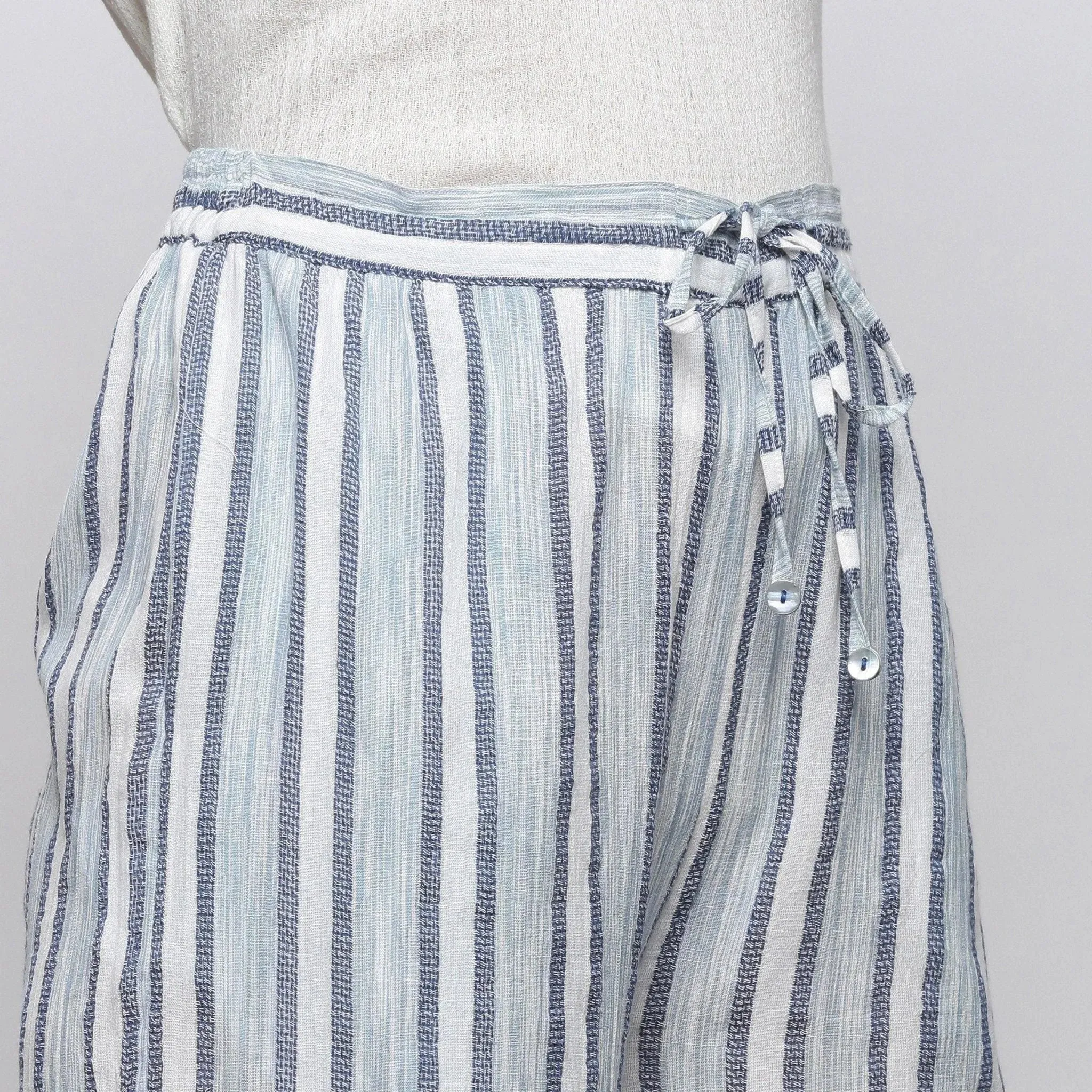 Sky Blue Striped Crinkled Cotton Elasticated Mid-Rise Culottes