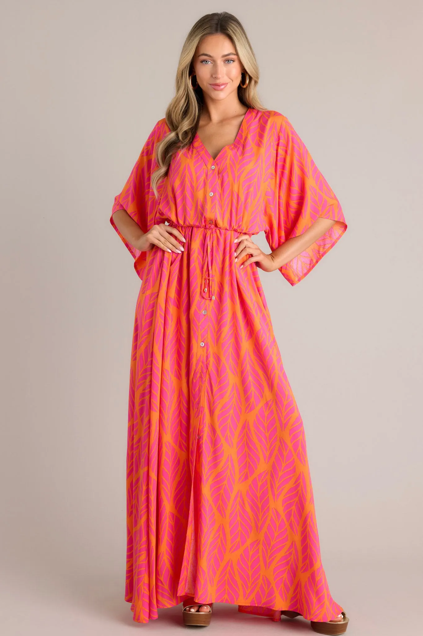 Sunset Palms Hot Pink Tropical Print Button Front Maxi Dress