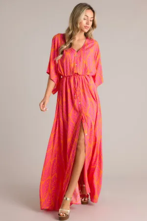 Sunset Palms Hot Pink Tropical Print Button Front Maxi Dress