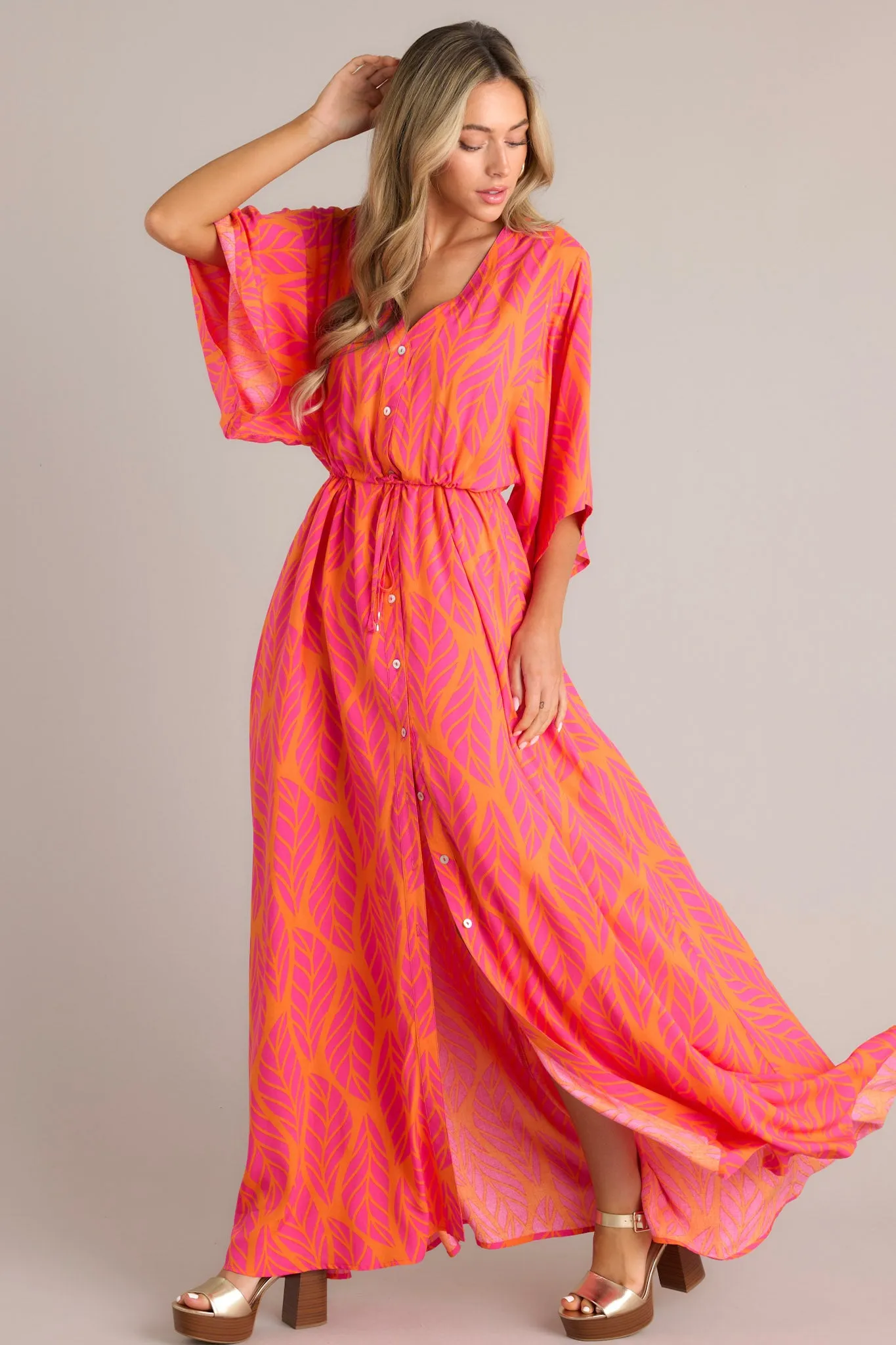 Sunset Palms Hot Pink Tropical Print Button Front Maxi Dress