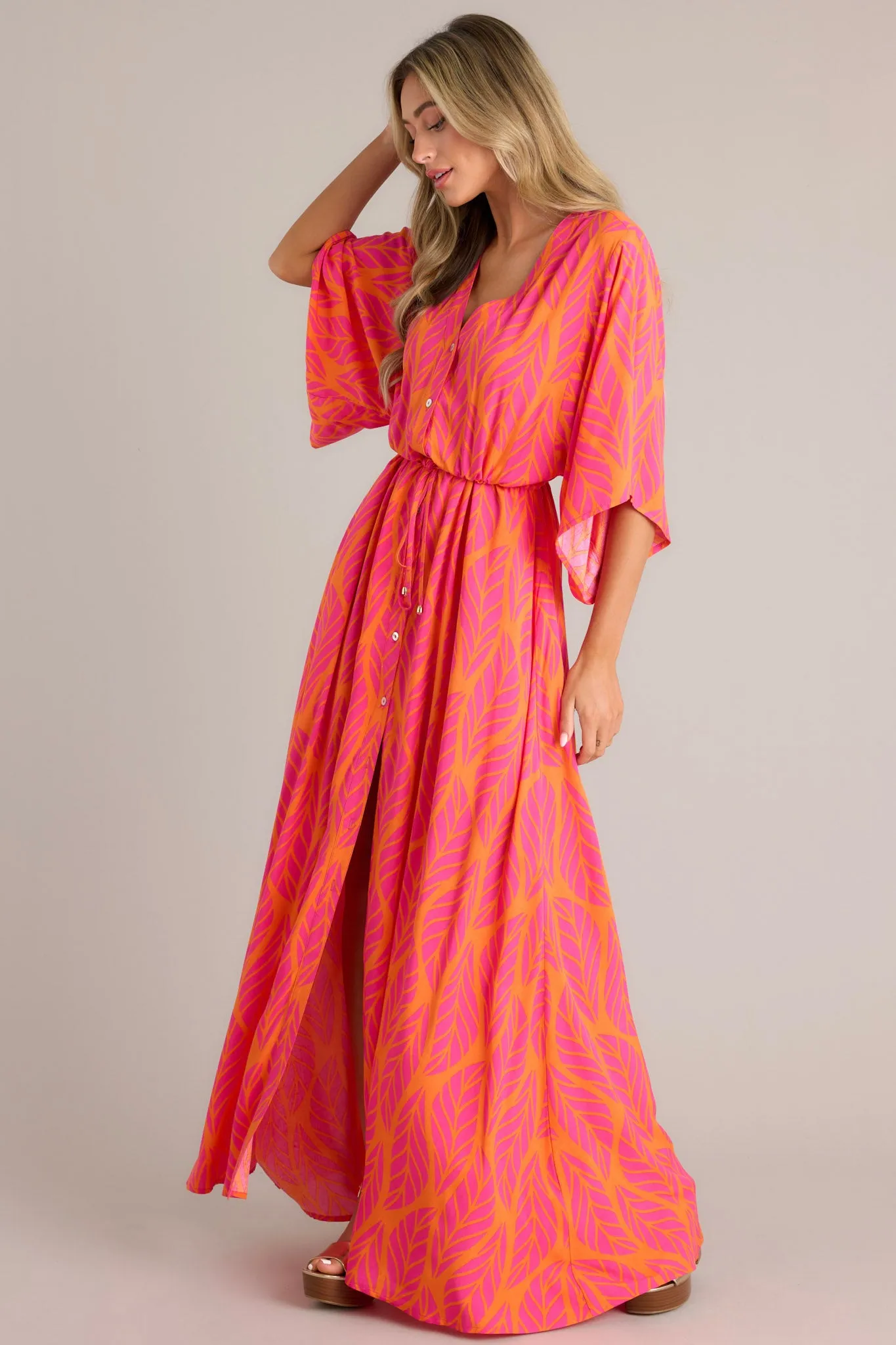Sunset Palms Hot Pink Tropical Print Button Front Maxi Dress