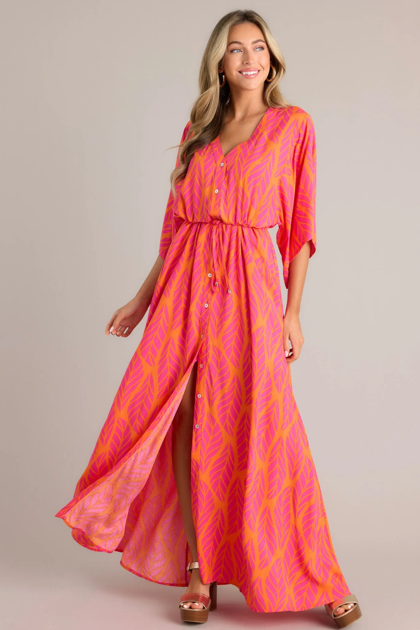 Sunset Palms Hot Pink Tropical Print Button Front Maxi Dress