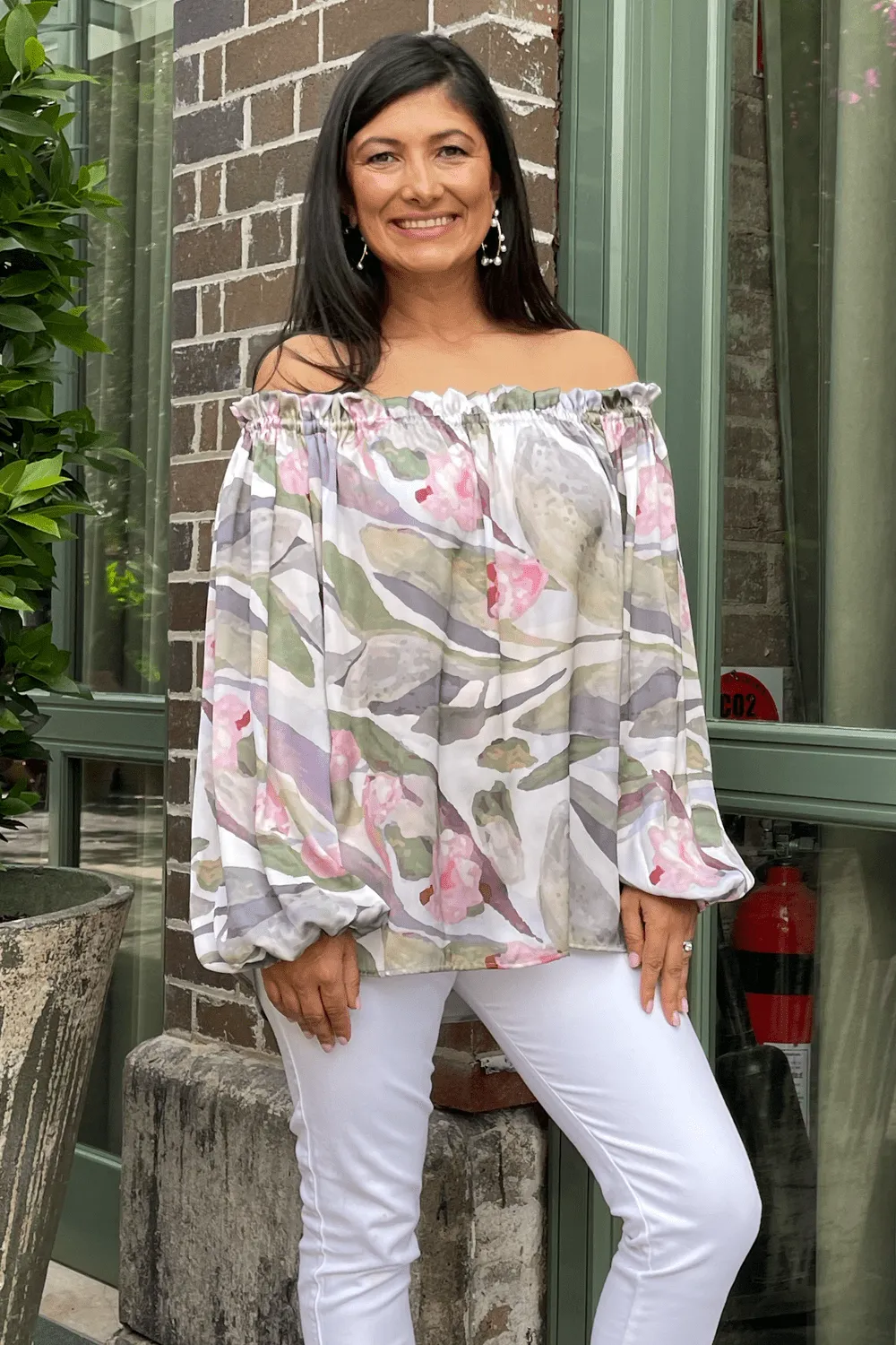 Xenia Off Shoulder Long Sleeve Top Serenity Print