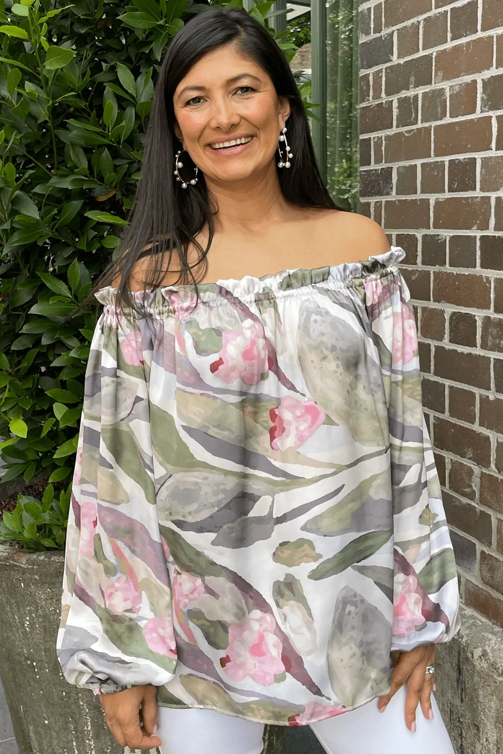 Xenia Off Shoulder Long Sleeve Top Serenity Print