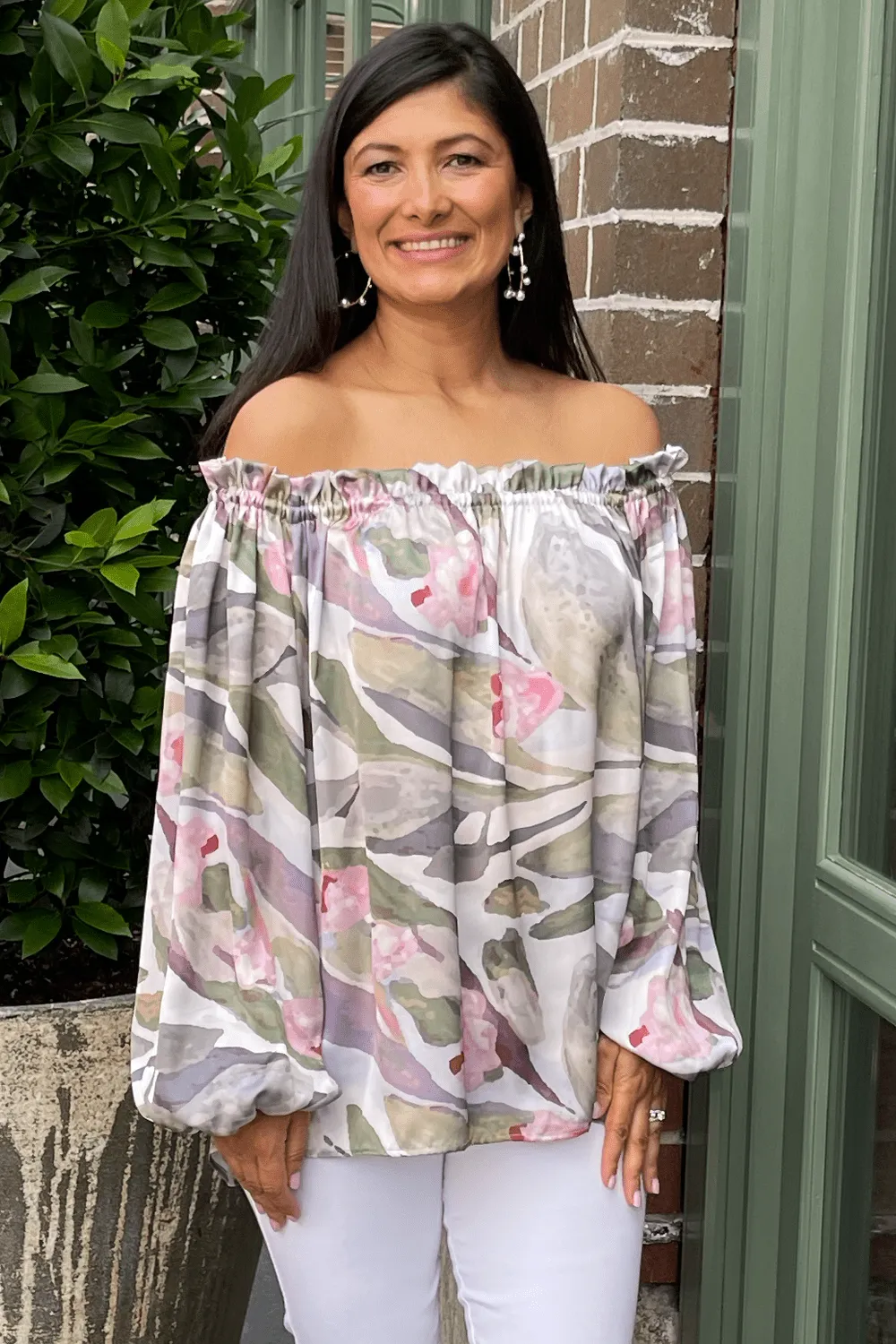 Xenia Off Shoulder Long Sleeve Top Serenity Print